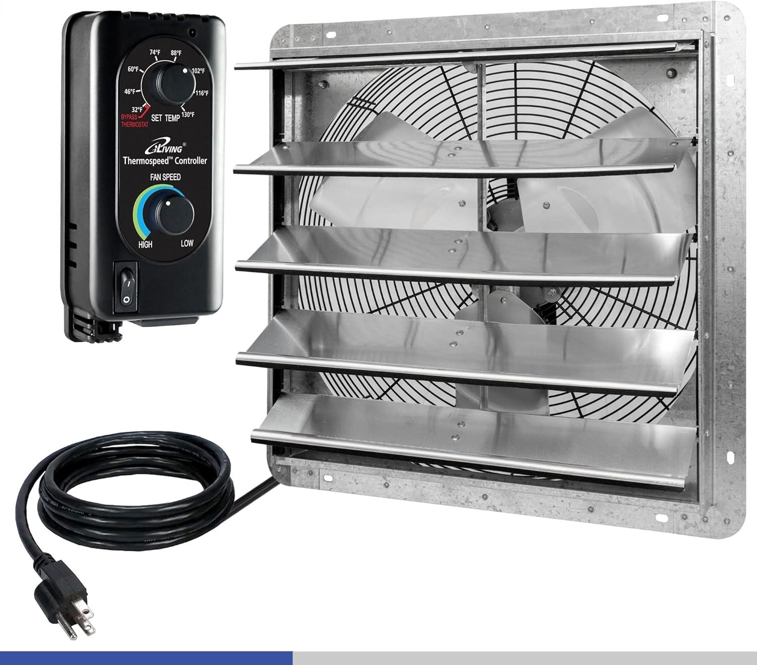 iLIVING ILG8SF20V-ST 20" Wall Mounted Shutter Exhaust Fan, Automatic Shutter, with Thermostat and Variable Speed controller, 2.2A, 3368 CFM, 5000 SQF Coverage Area Silver