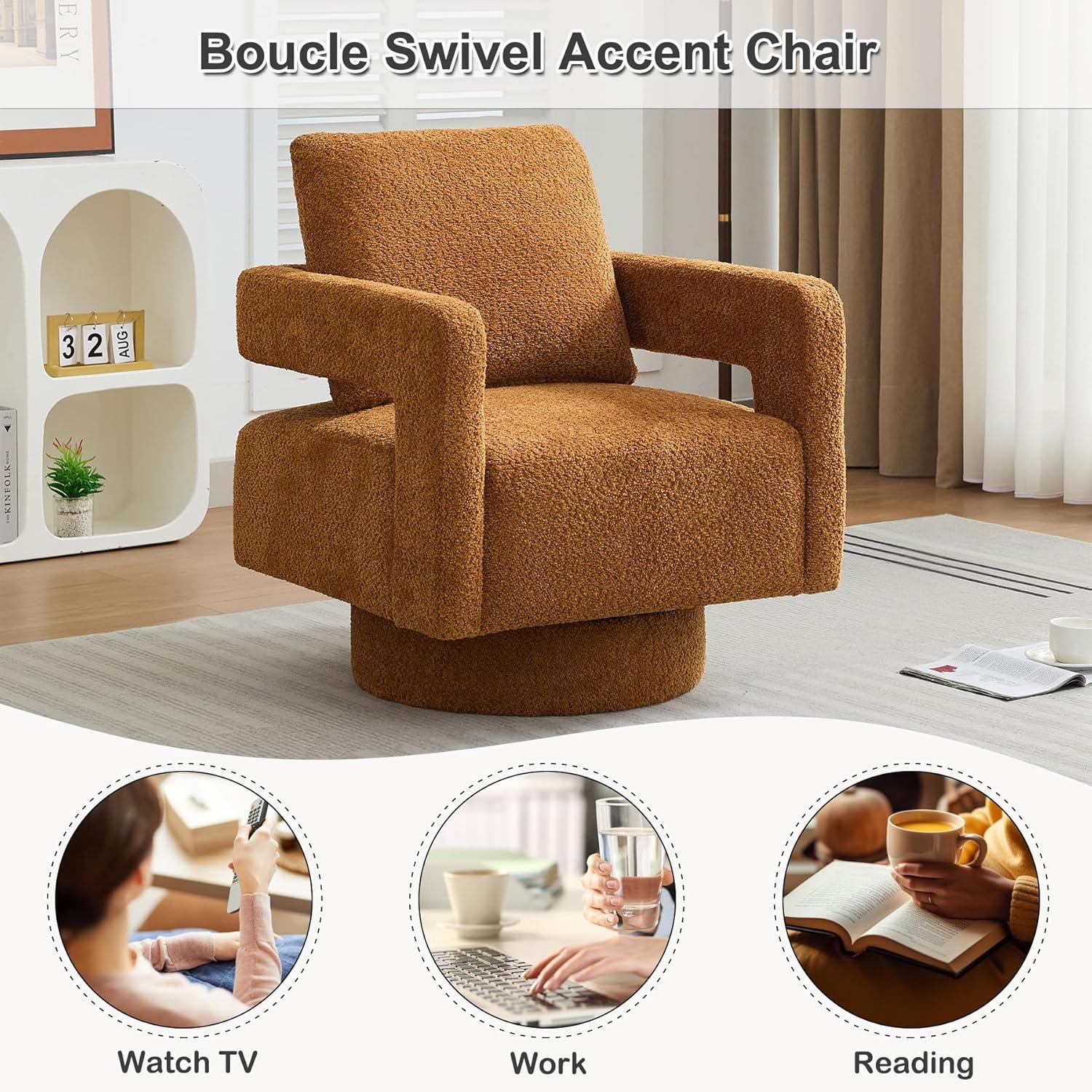 Caramel Boucle Upholstered Swivel Barrel Accent Chair