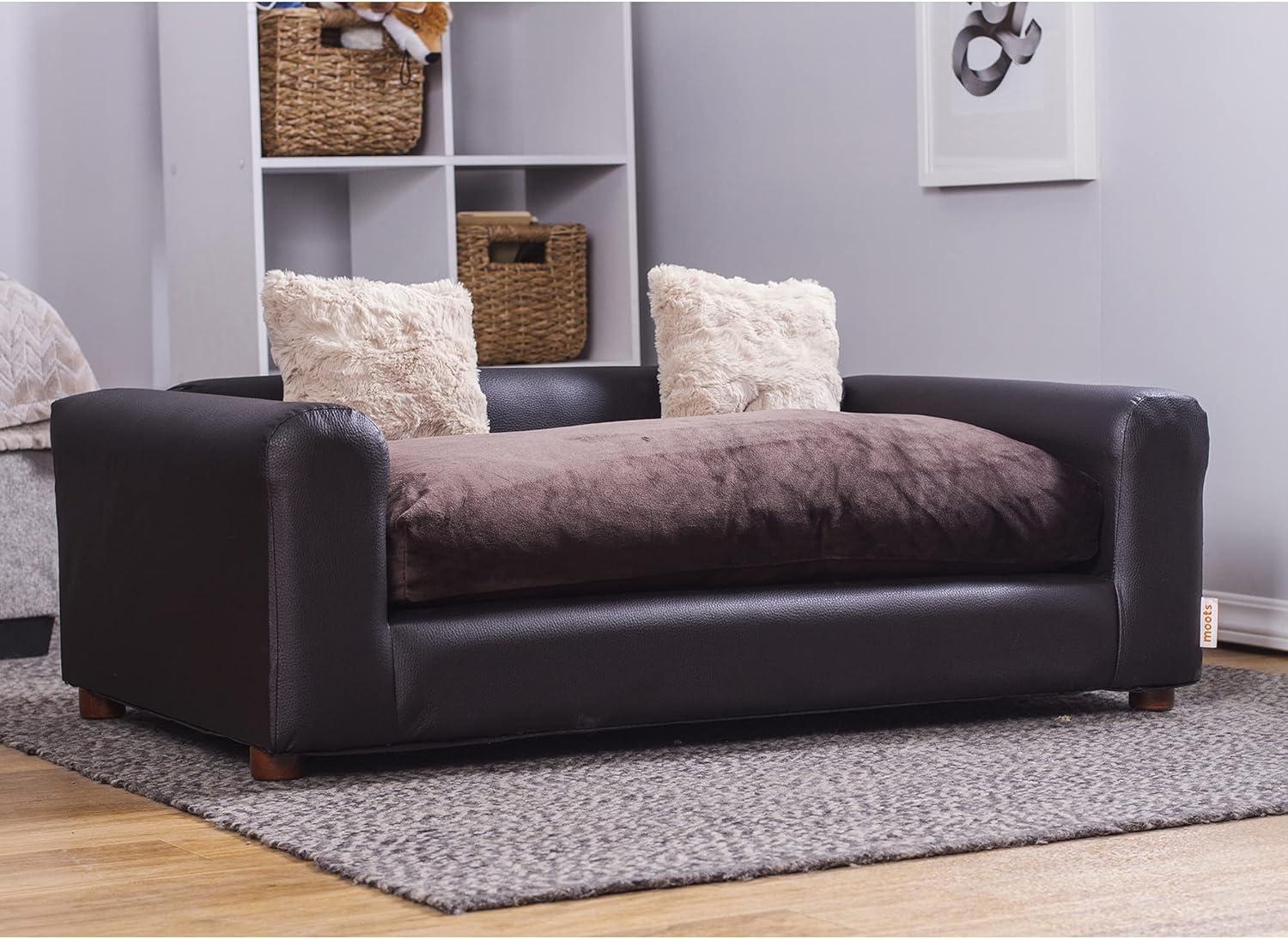 Large Espresso Leatherette Orthopedic Pet Sofa with Cushions