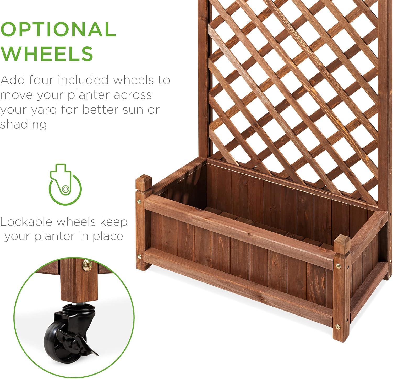 Best Choice Products Set of 2 48in Wood Planter Box & Diamond Lattice Trellis, w/ Drainage, Optional Wheels - Walnut