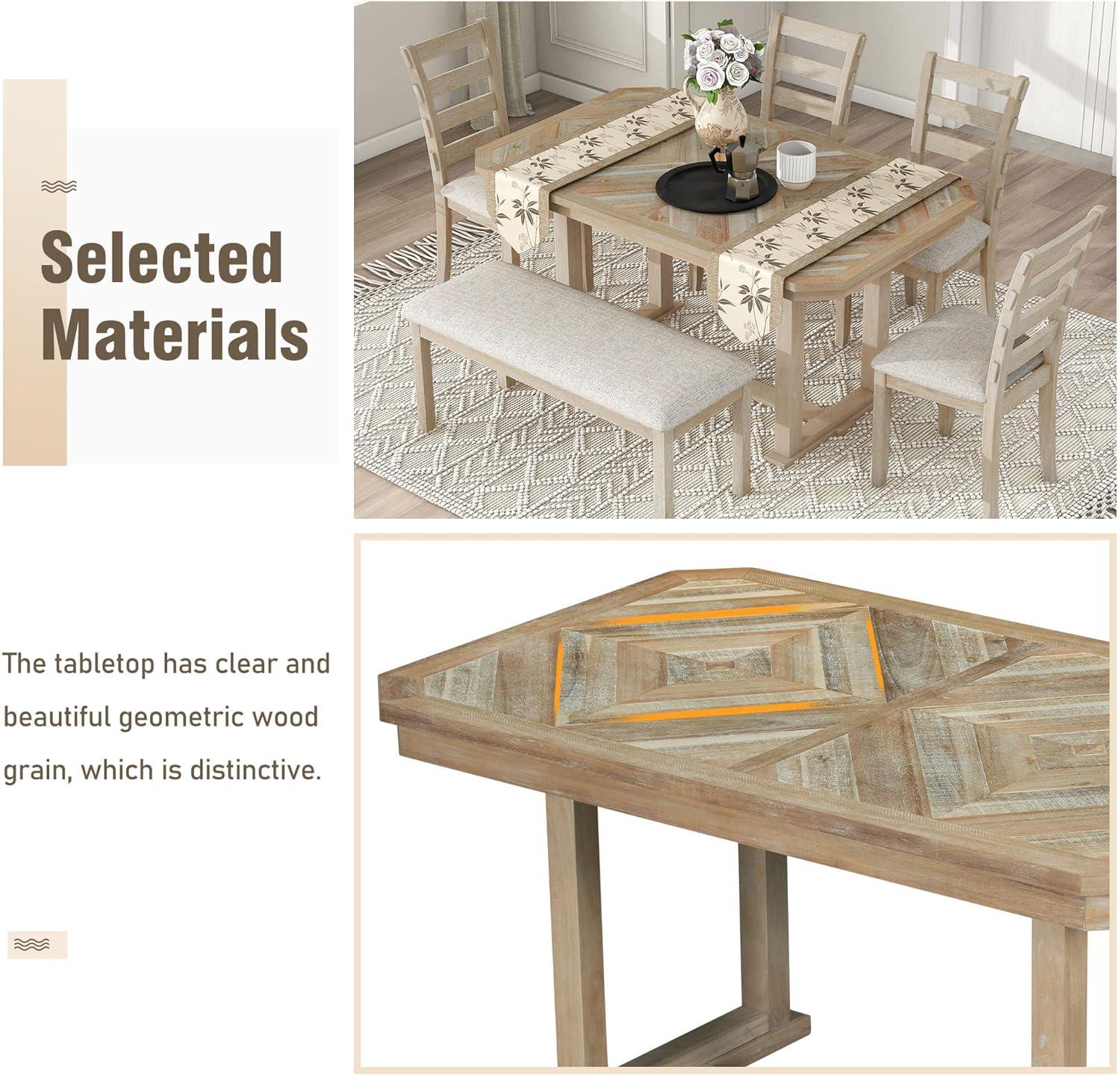 Dining Table Set for 6, 6 Piece Wood Kitchen Table Set, Dining Table and Chairs Set, Home Furniture Table Set with Chairs & Bench, Natural Wood Wash