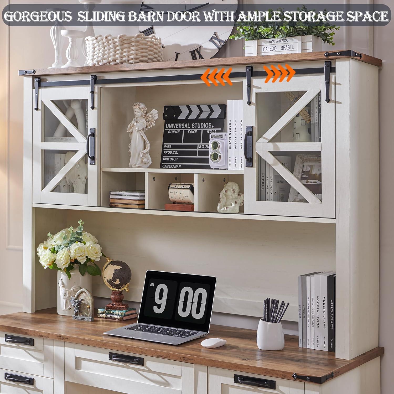 RedLemon 60" Farmhouse L Shaped Desk with Hutch, Wood Home Office Executive Desk with Drawer, Charging Station, File Drawer, Storage Cabinet, Rustic Writing Computer Desk (Antique White)