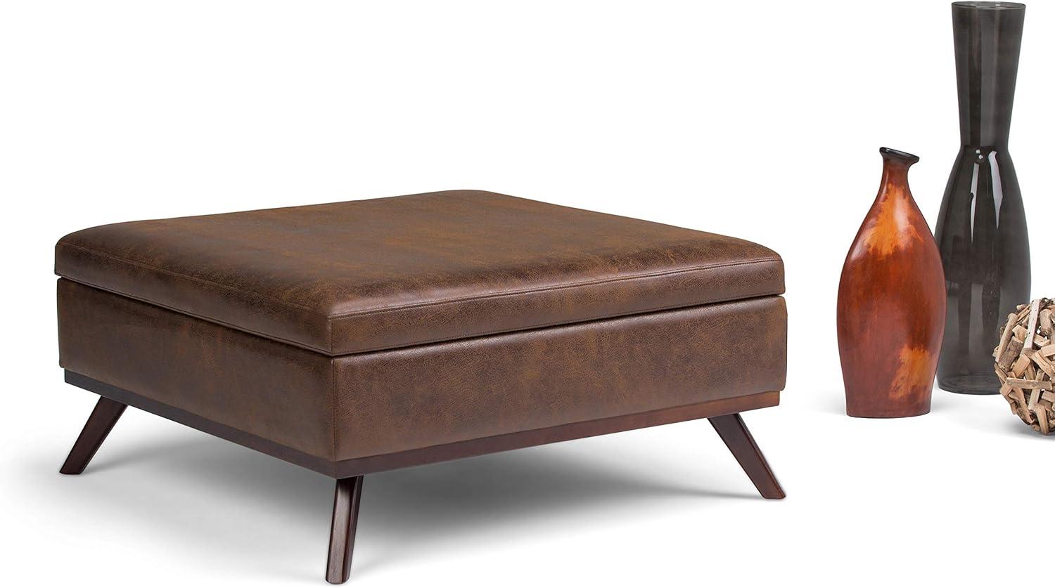 Owen Distressed Chestnut Brown Faux Leather Square Storage Ottoman