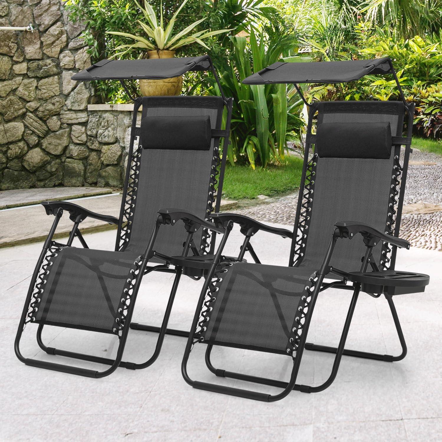 MoNiBloom Zero Gravity Chairs Set of 2, Folding Outdoor Patio Beach Recliner with Canopy Shade & Headrest, Black