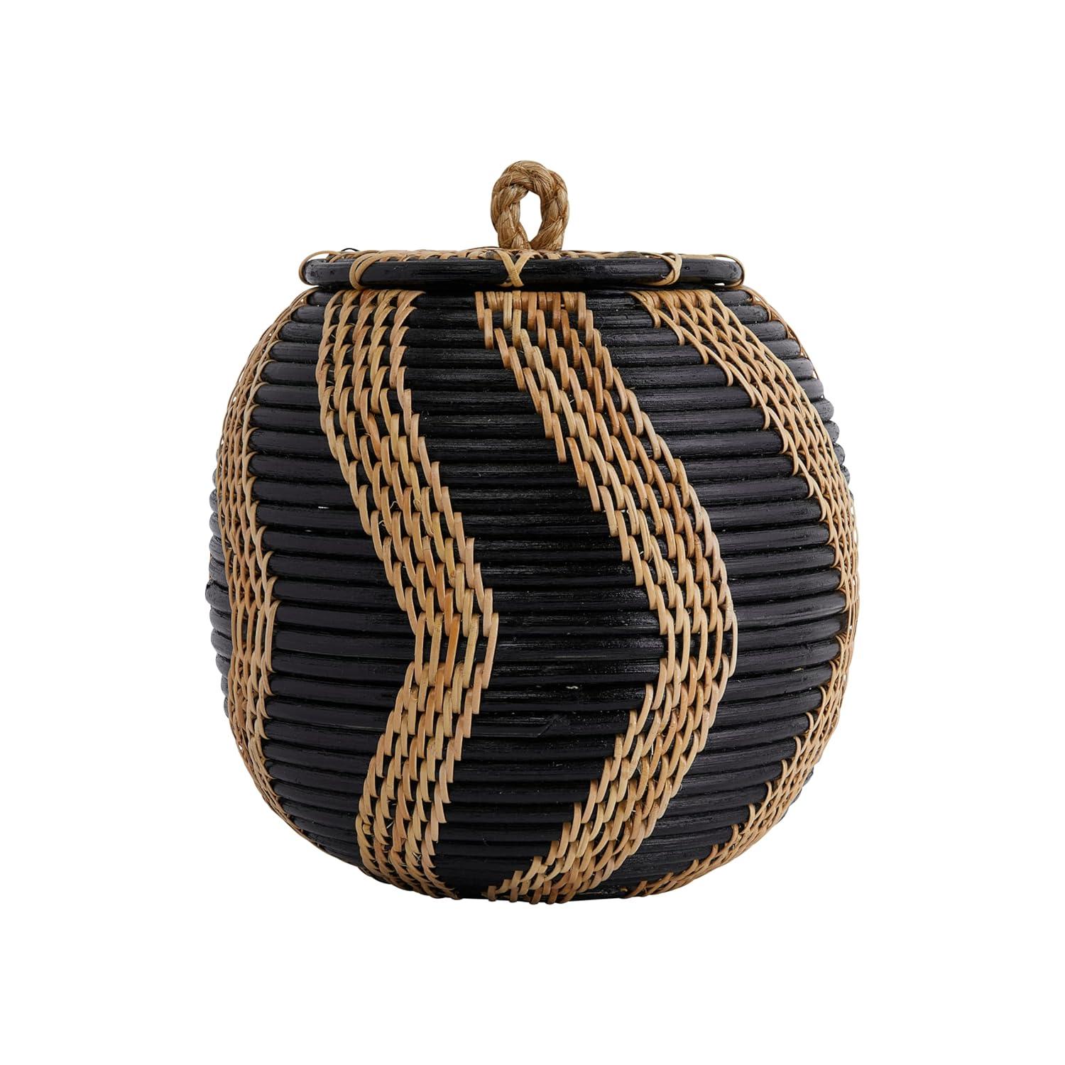 Bloomingville Decorative Handwoven Rattan Storage Basket Storage with Lid, Natural and Black