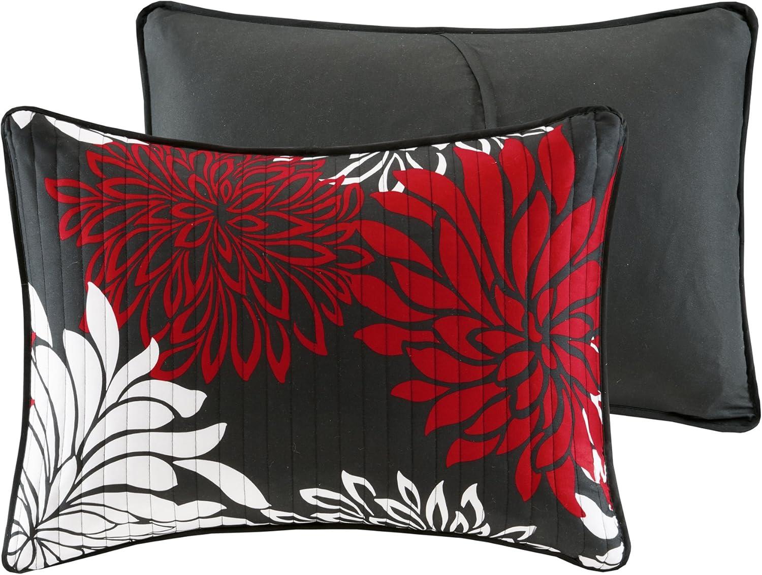 Comfort Spaces Full/Queen Size Quilt Set, 3-Piece Floral Bedspread Bedding Set, Red and Black Coverlet Set for All Season, Lightweight Comforter Set