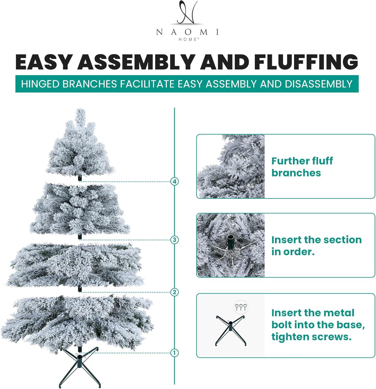 Brittany 7.5ft Snow Flocked Christmas Tree Prelit with 1324 Branch Tips, 650 Warm Lights and Metal Stand, 57" wide Realistic Nevada Frosted Christmas Tree with Lights by Naomi Home