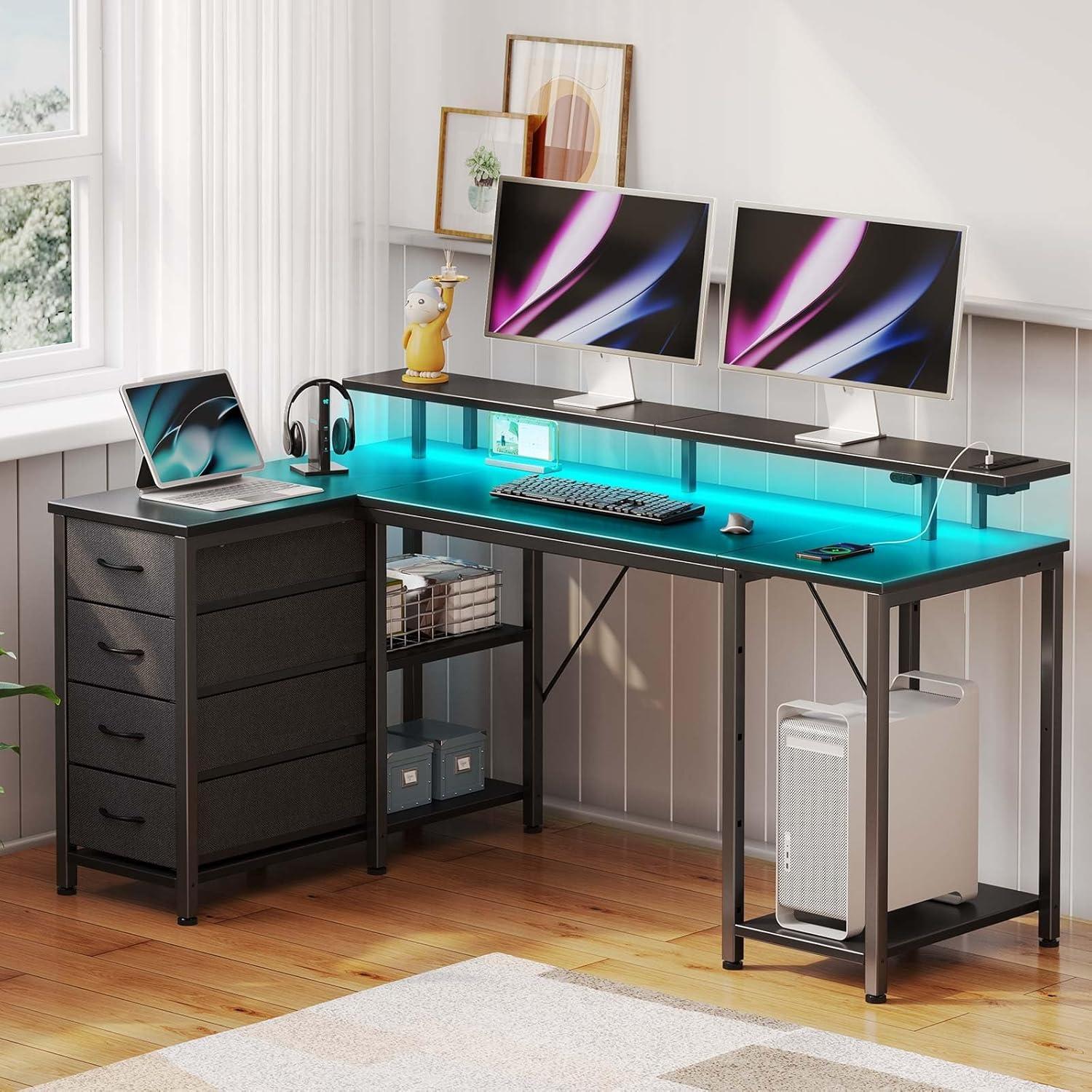 Black L-Shaped Gaming Desk with Drawers and LED Lights