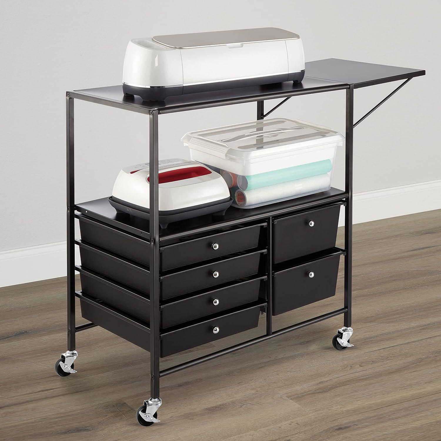 Essex Black Drawers & Rolling Cart with Tray and Extendable Table by Simply Tidy - Multi-Functional Storage Cart for Art & Craft Supplies - 1 Pack