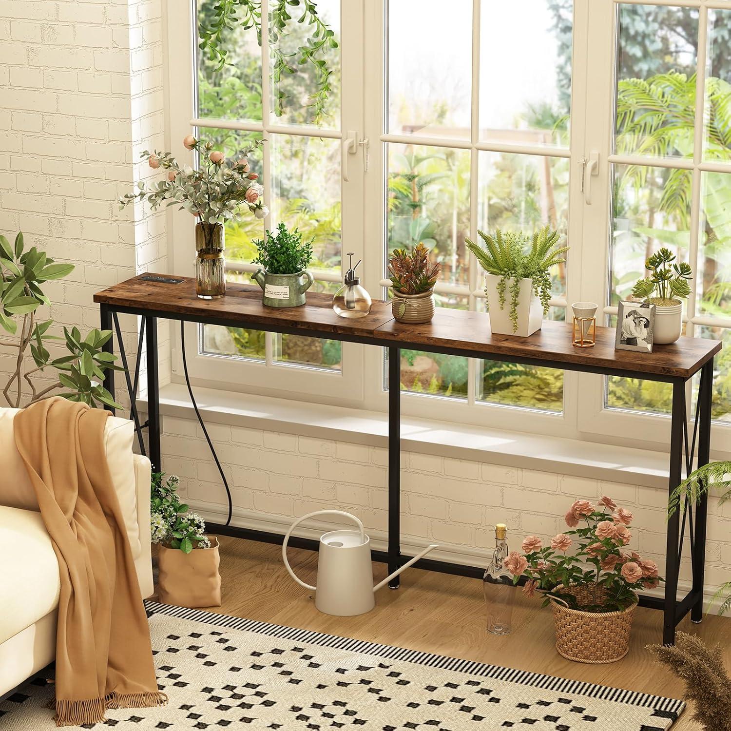 Rustic Brown 70 Inch Console Table with Metal Frame and Storage