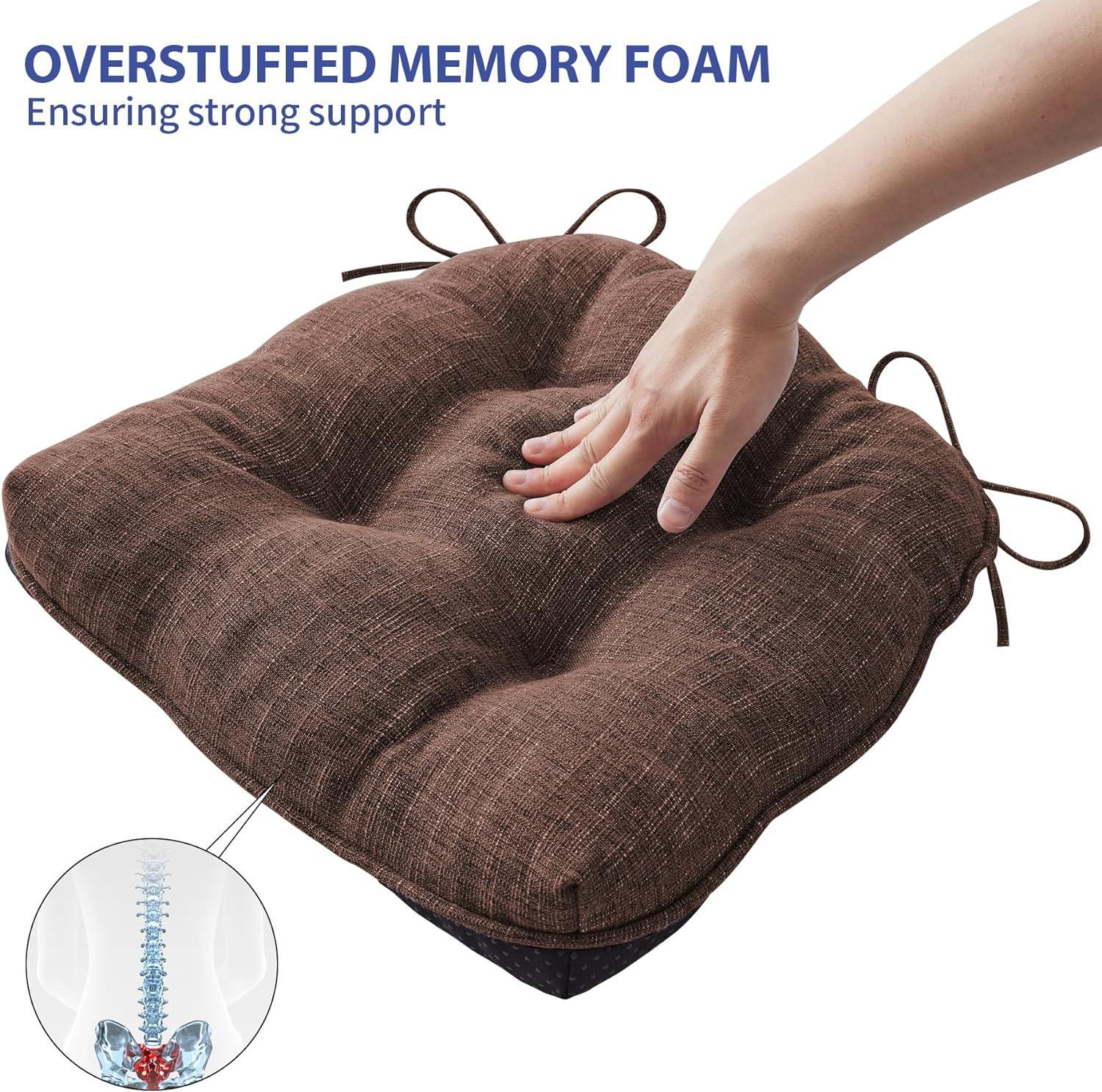 Chair Cushions for Dining Chairs Set of 4, Kitchen Chair Cushions, Chair Pads with Ties and Non Slip Backing, Tufted Memory Foam Seat Cushion 4 Pack, 15.5" x 15.5" x 4", Brown