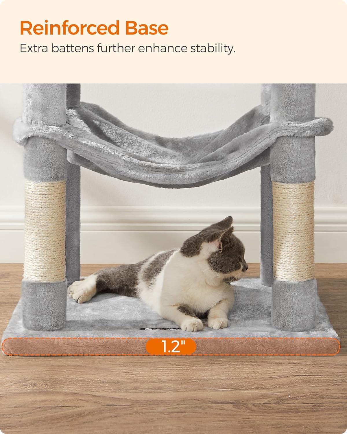 Feandrea 56.3'' Cat Tree Tower for Indoor Cats ,Multi-Level Cat Condo Cat Furniture with Scratching Posts, Perches, Hammock, Cave ,Light Gray