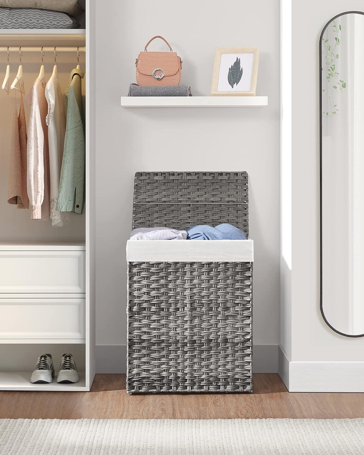 Gray Wicker Collapsible Laundry Hamper with Lid for Kids