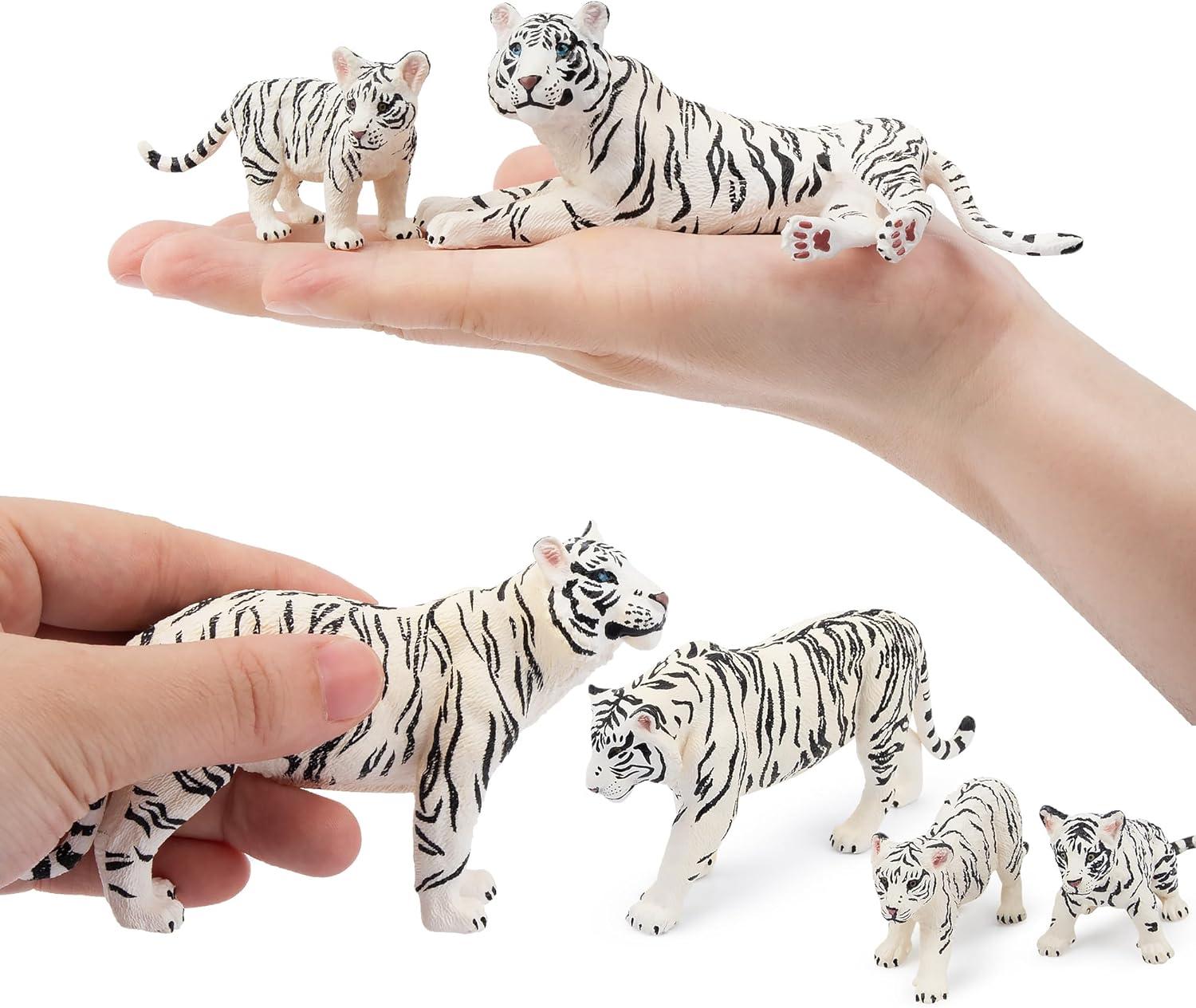 Toymany 6PCS Realistic White Tigers Figurines with Tiger Cubs, 2-6" Jungle Animals Figures Family Set Includes Baby Tigers, Educational Toy Cake Toppers Christmas Birthday Gift for Kids Toddlers