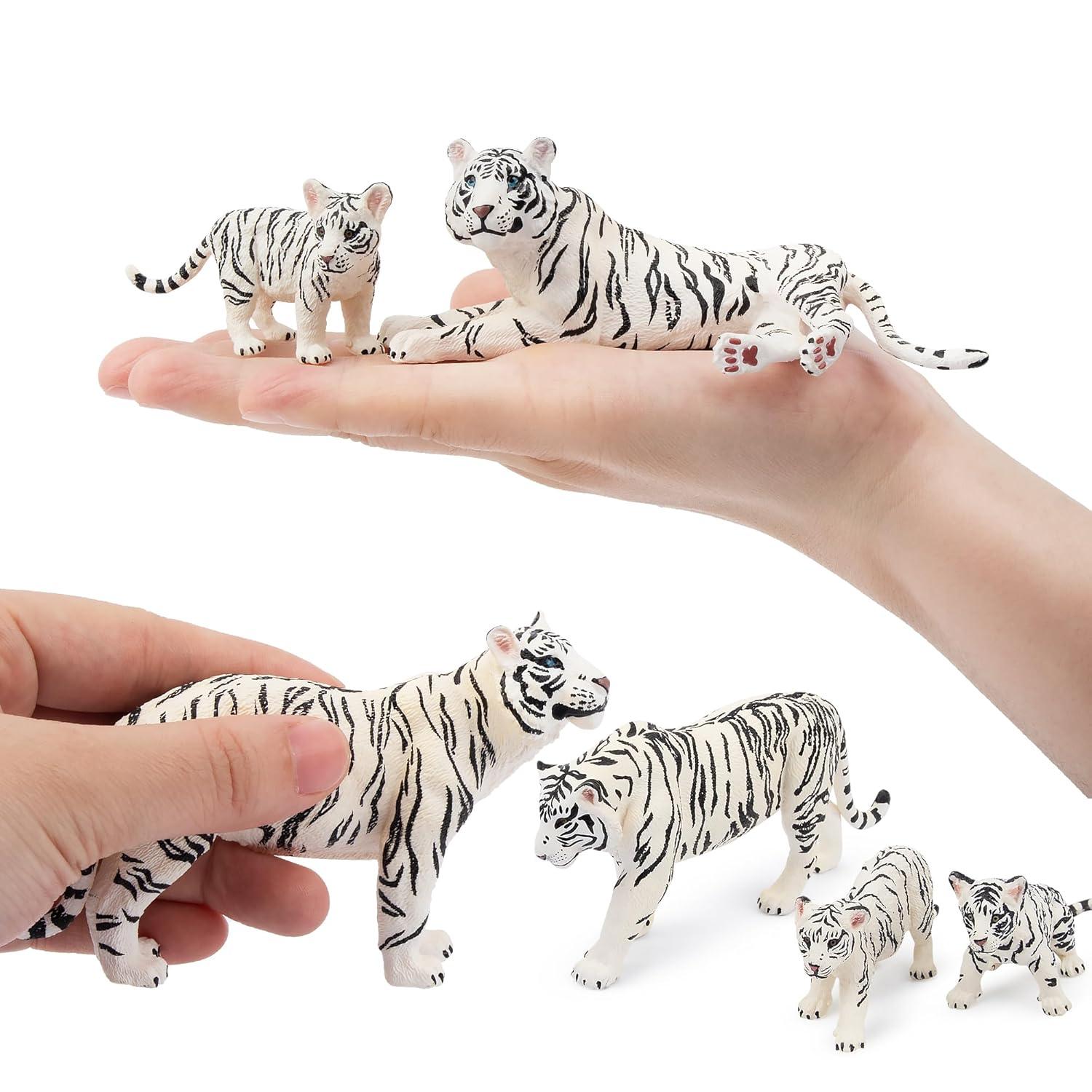 Toymany 6PCS Realistic White Tigers Figurines with Tiger Cubs, 2-6" Jungle Animals Figures Family Set Includes Baby Tigers, Educational Toy Cake Toppers Christmas Birthday Gift for Kids Toddlers