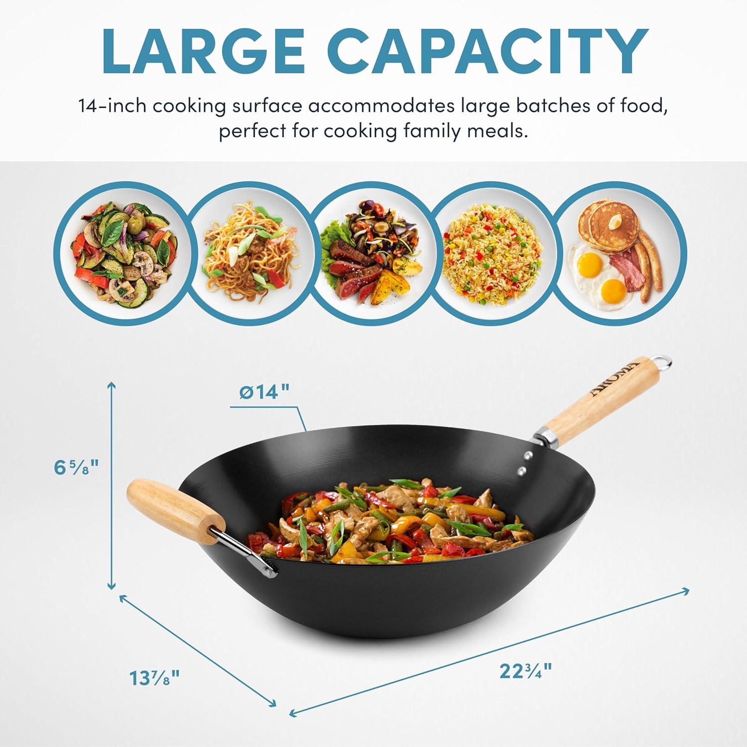 Aroma Housewares 14" Heavy Duty Carbon Steel Cookware (ANW-102) Non-Stick Wok, black