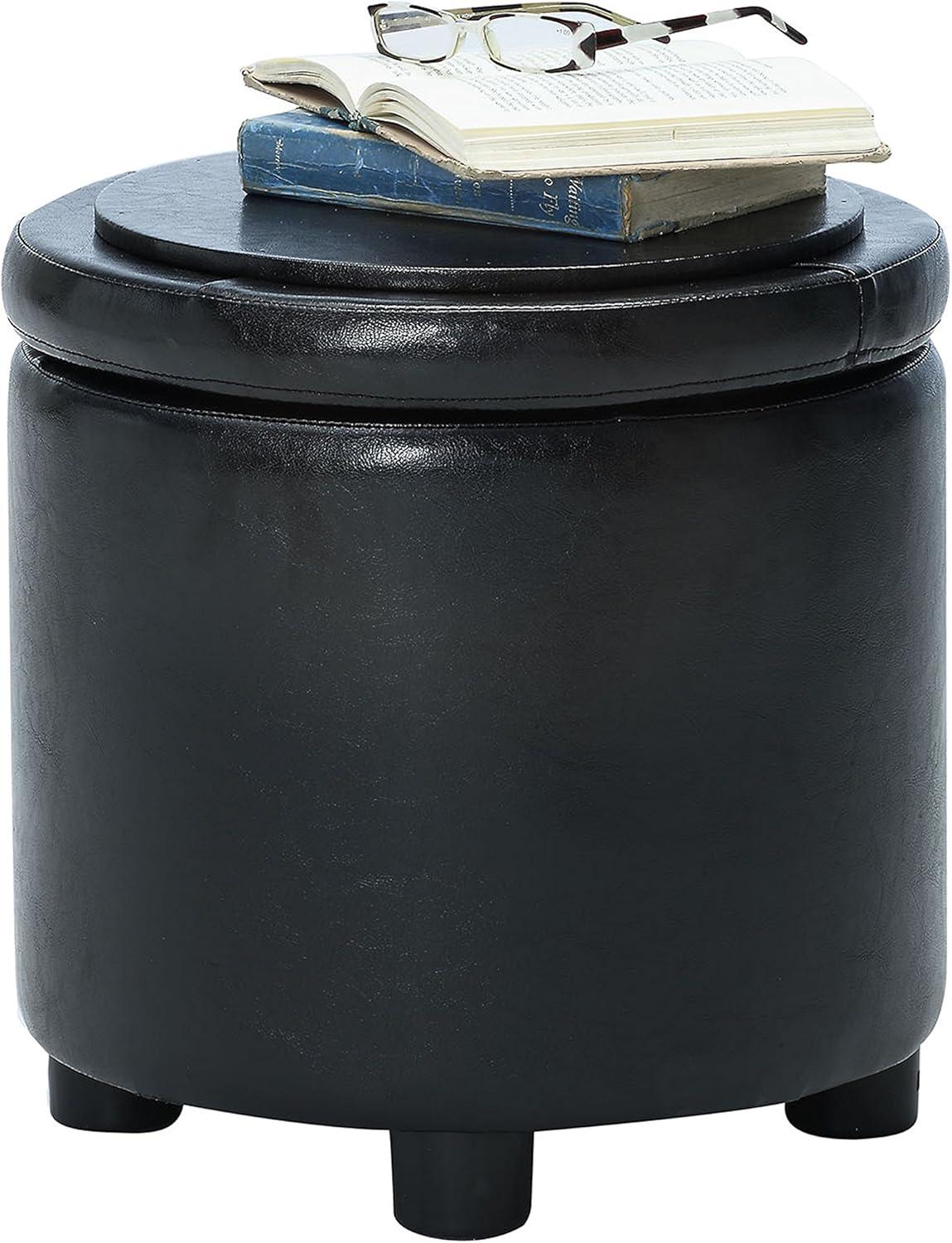 16" Round Black Faux Leather Ottoman with Reversible Tray