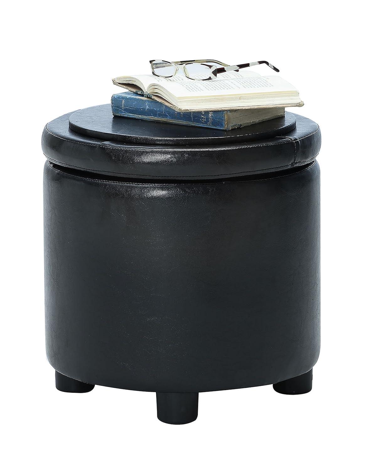 16" Round Black Faux Leather Ottoman with Reversible Tray