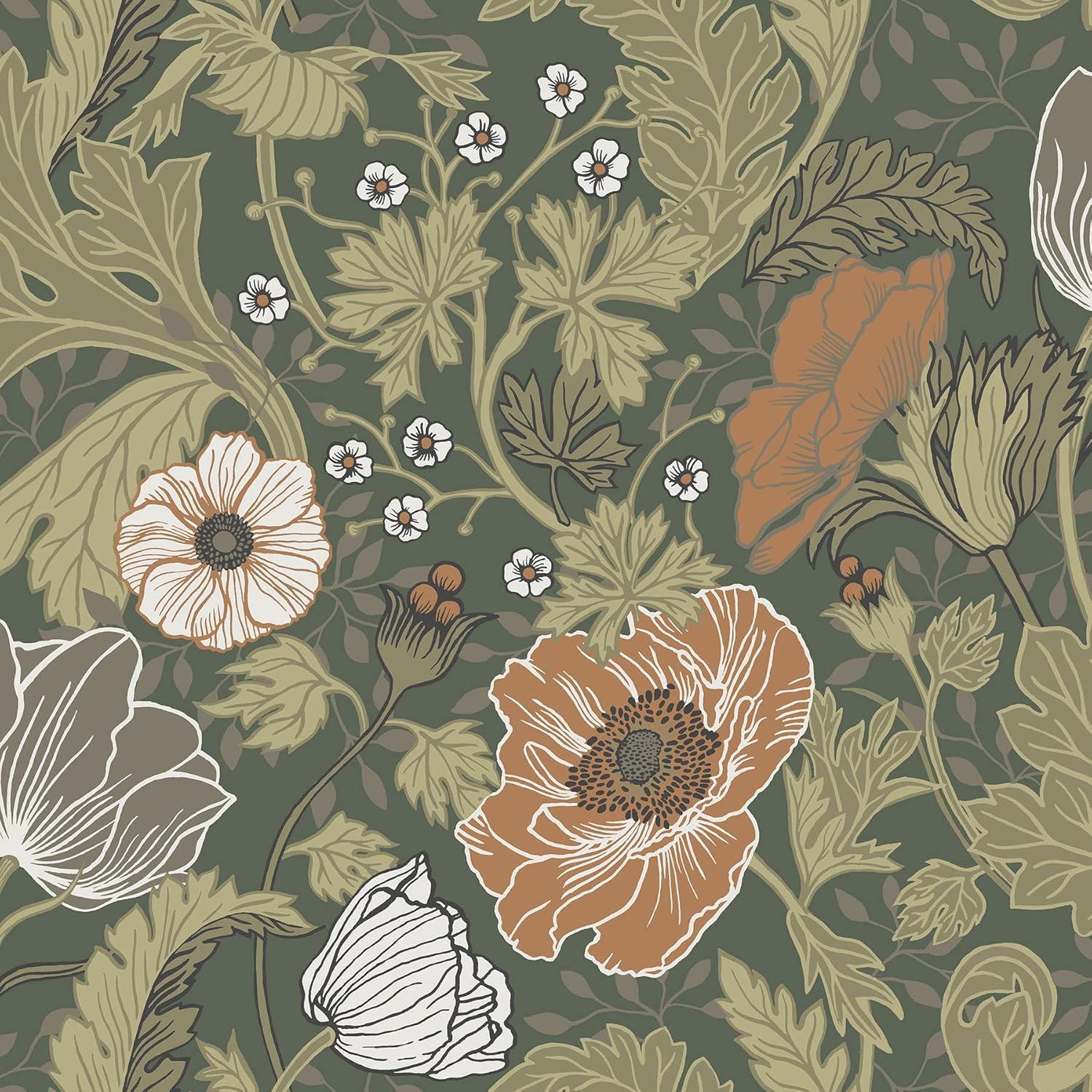 Green and Light Brown Floral Removable Wallpaper Roll