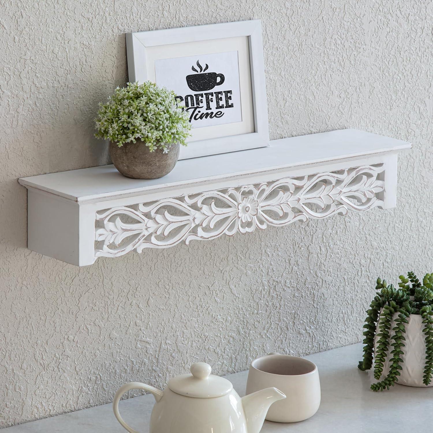 Brewster 24" Hyla White Decorative Shelf: Carved Floating, Botanical Detail, No Assembly Required