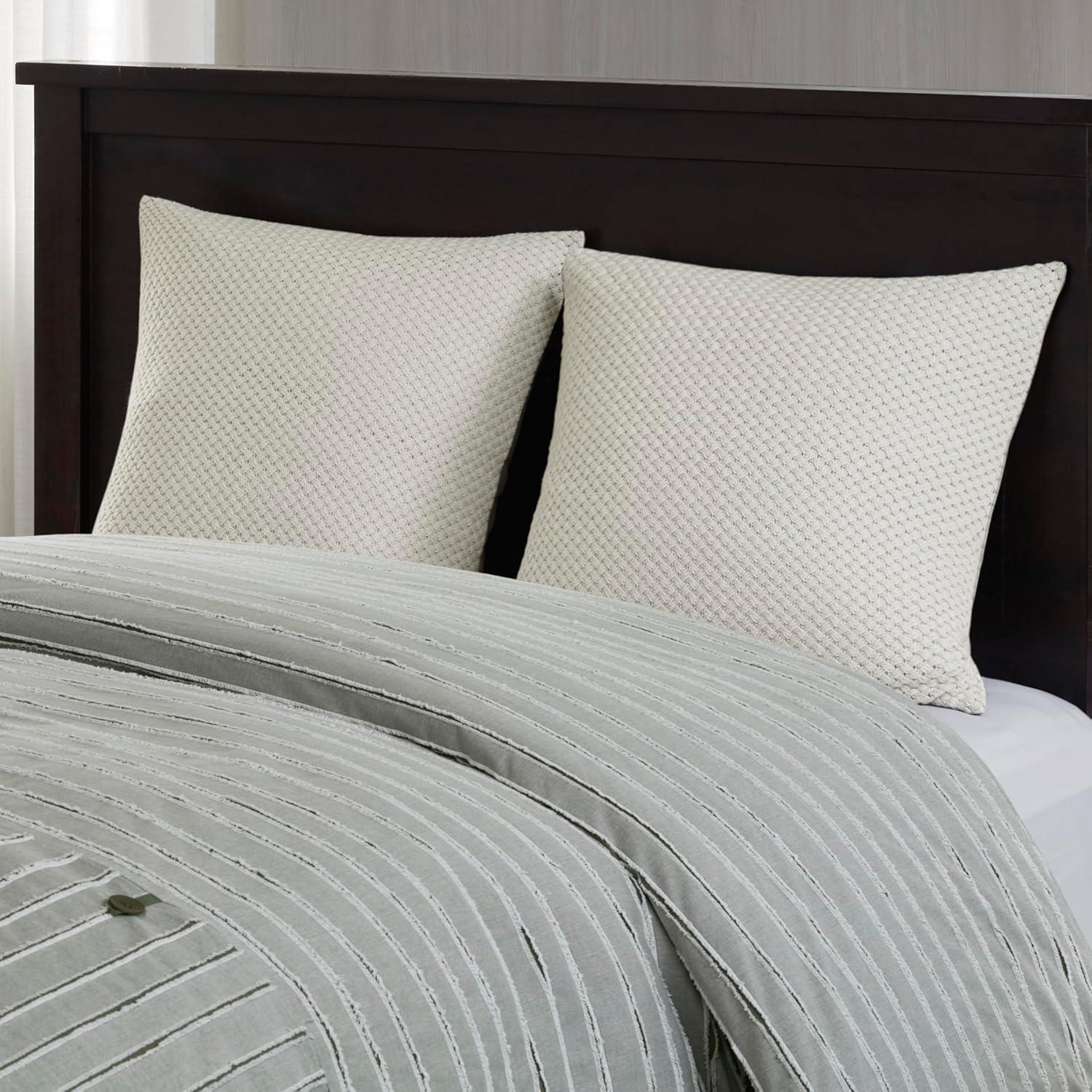 Ivory and Green Cotton Queen Comforter Set with Decorative Pillows