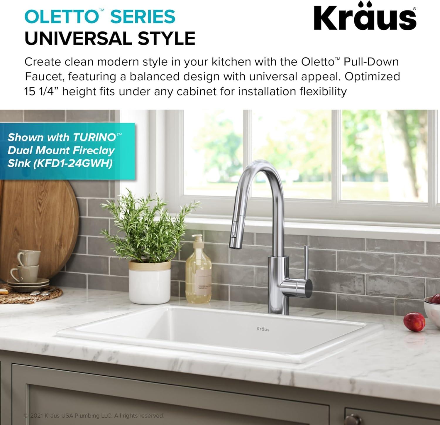 KRAUS Oletto Single Handle Pull Down Kitchen Faucet with QuickDock Top Mount Installation Assembly