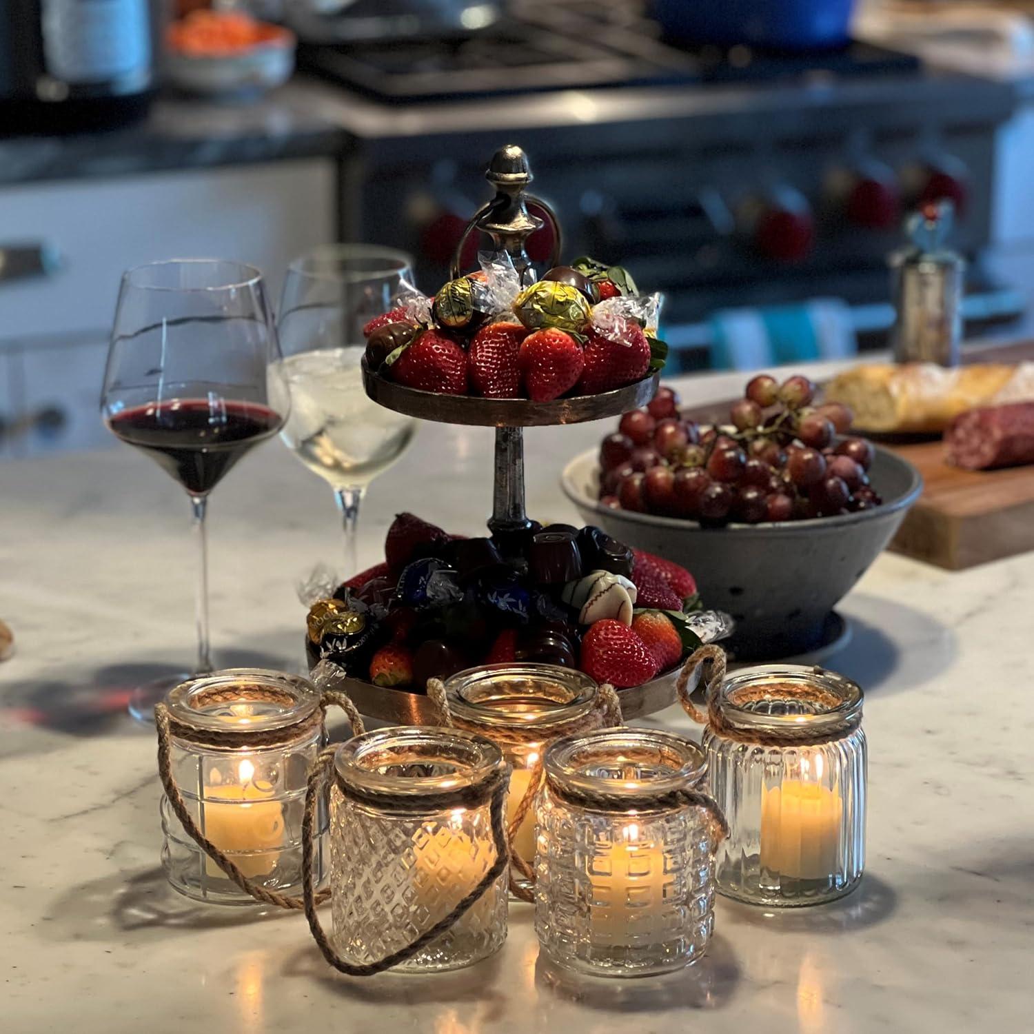 Beach Chic Nautical Rope Hurricane Lamps, Clear Glass Candle Holder, for LED or Wax Votive, Pillar or Tealights, Wind Light, Set of 5, 2 3/4 x 2 3/4 x 3 1/2 Inches