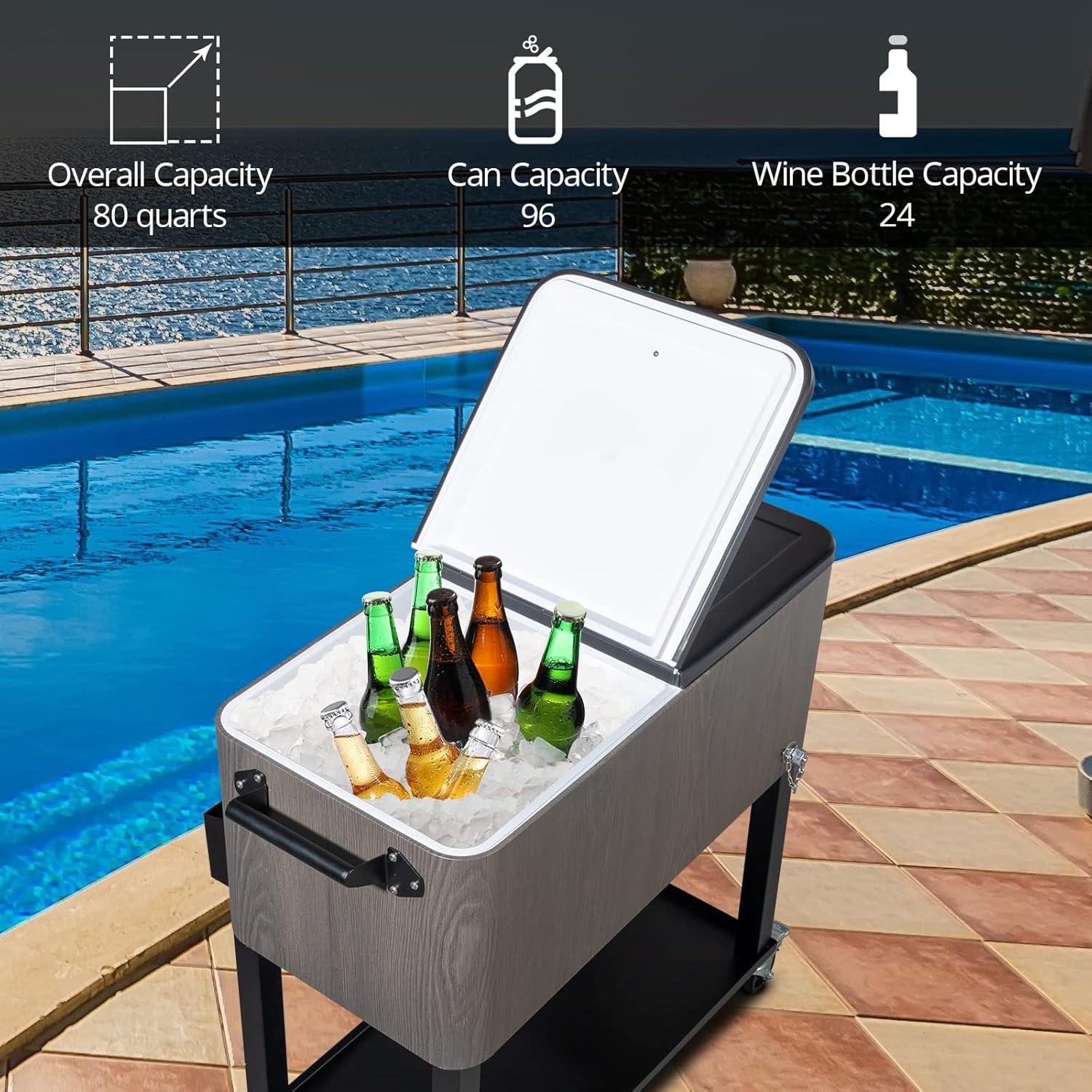 VINGLI 80 Quart Rolling Ice Chest on Wheels, Patio Cooler Cart with Waterproof Cooler Cart Cover, Beverage Rolling Cooler for Outdoor Patio Deck Party