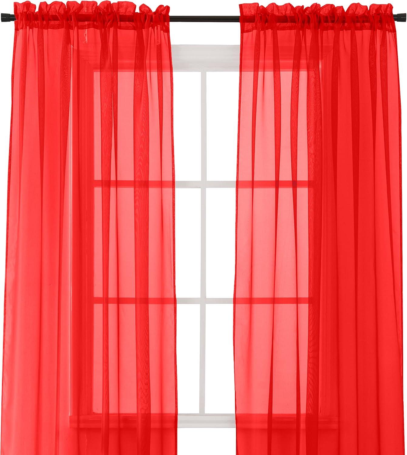Elegant Comfort 2 Piece Solid SHEER PANEL with ROD POCKET - Window Curtain  60-inch width X 84-inch Length -  Red