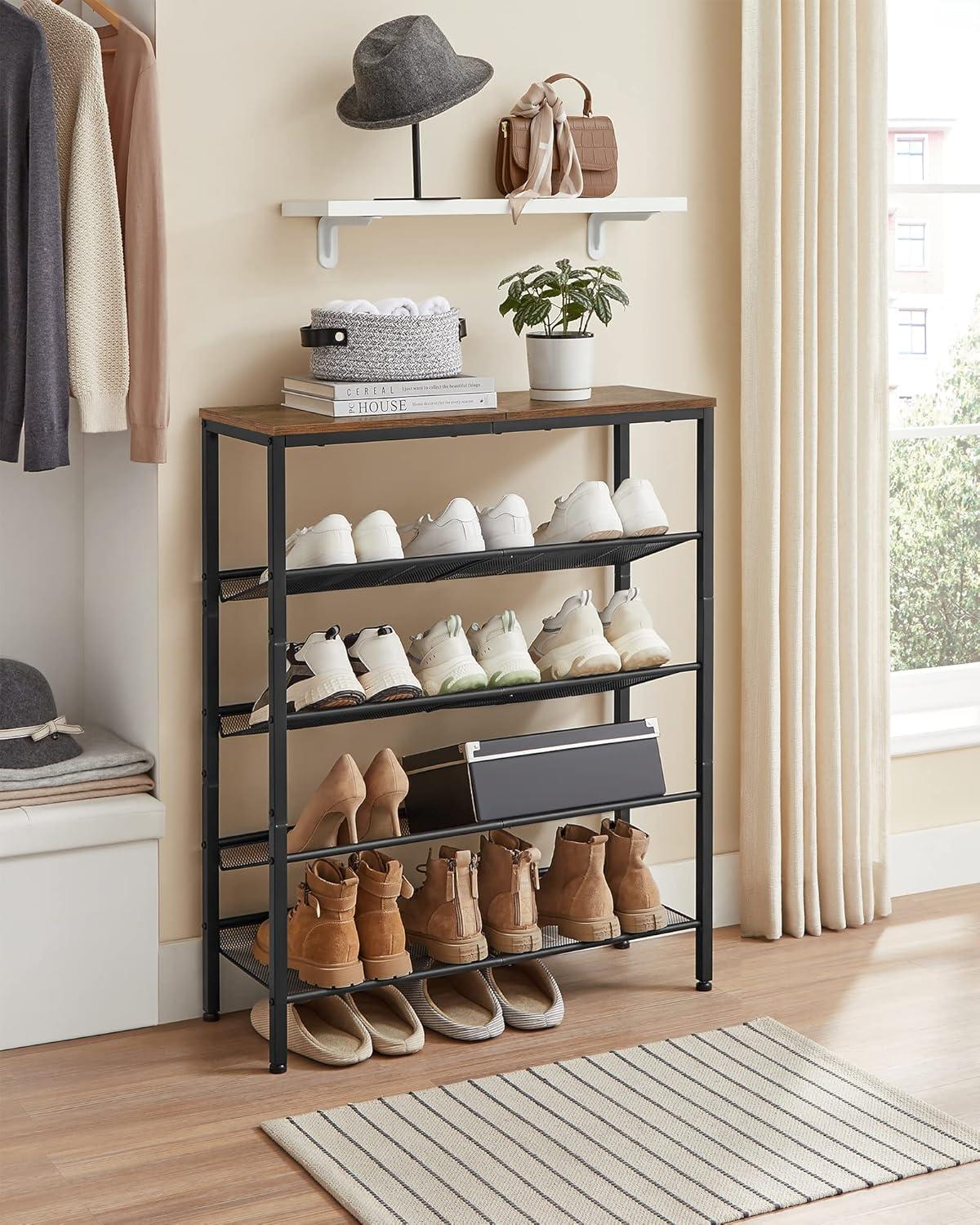 VASAGLE 5 Tier Shoe Rack for Entryway - Industrial Style Shoe Storage Organizer for 16-20 Pairs - Sturdy Wooden Top, Steel Frame - Rustic Brown/Black