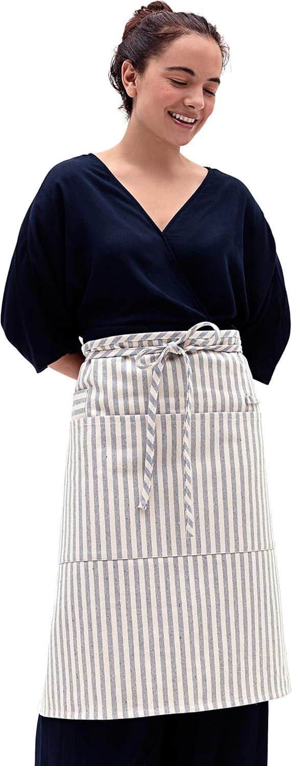 Denim Striped Upcycled Cotton Bistro Apron with Pockets