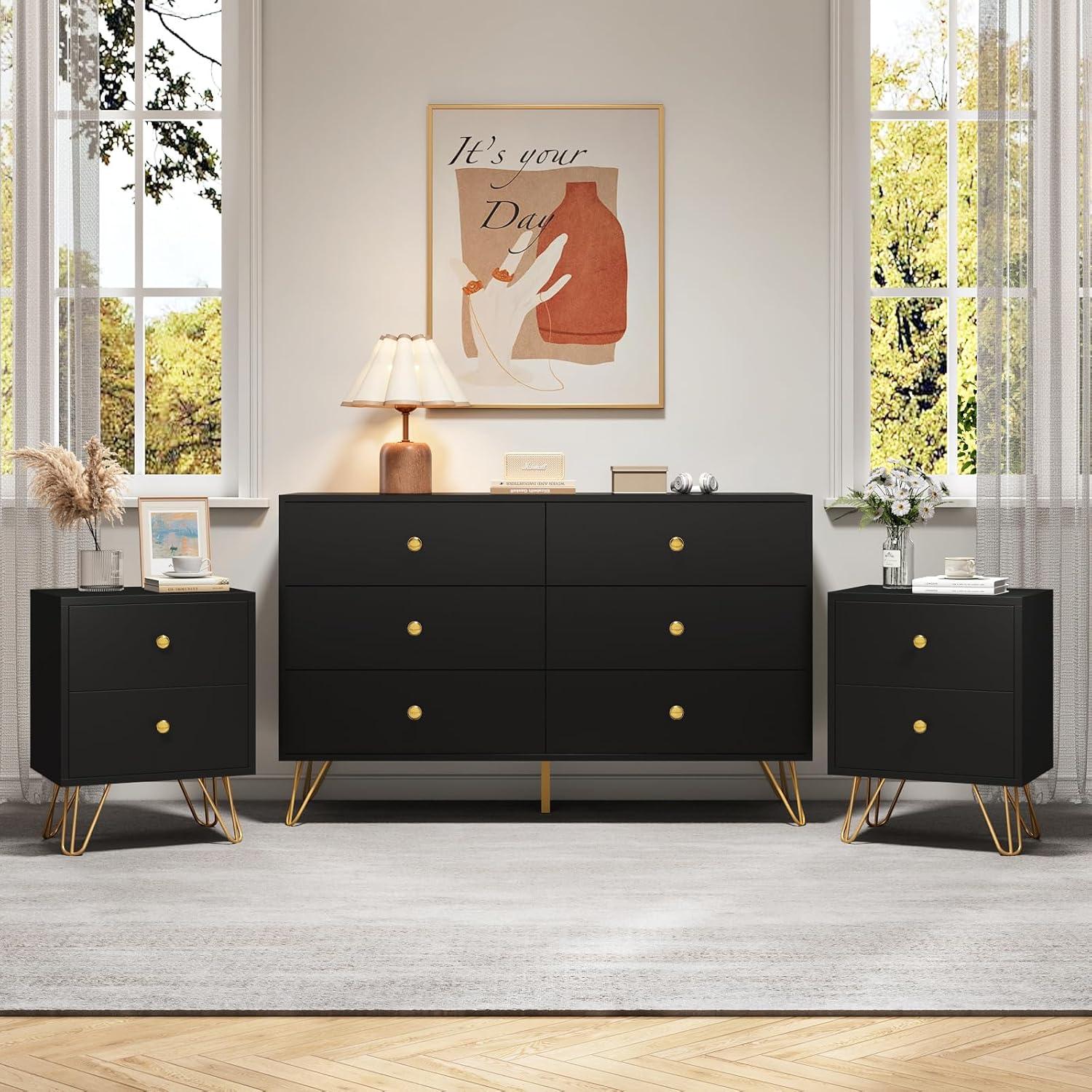 Black Dresser for Bedroom, Modern 6 Drawer Dresser, Wide Chest of Drawers with Gold Handles, Wood Double Dresser Storage Cabinet for Living Room, Bedroom, Hallway