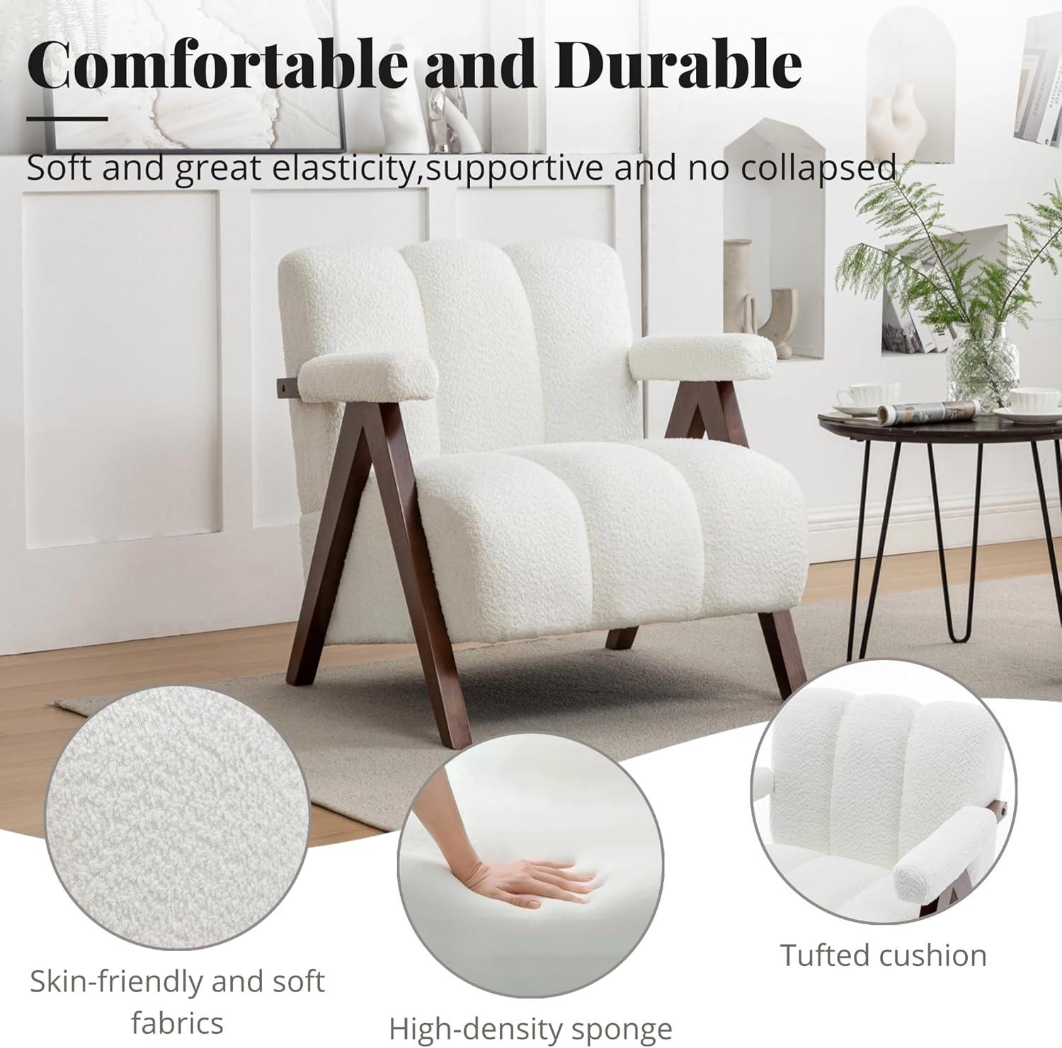 White Velvet Barrel Accent Chair with Wooden Legs