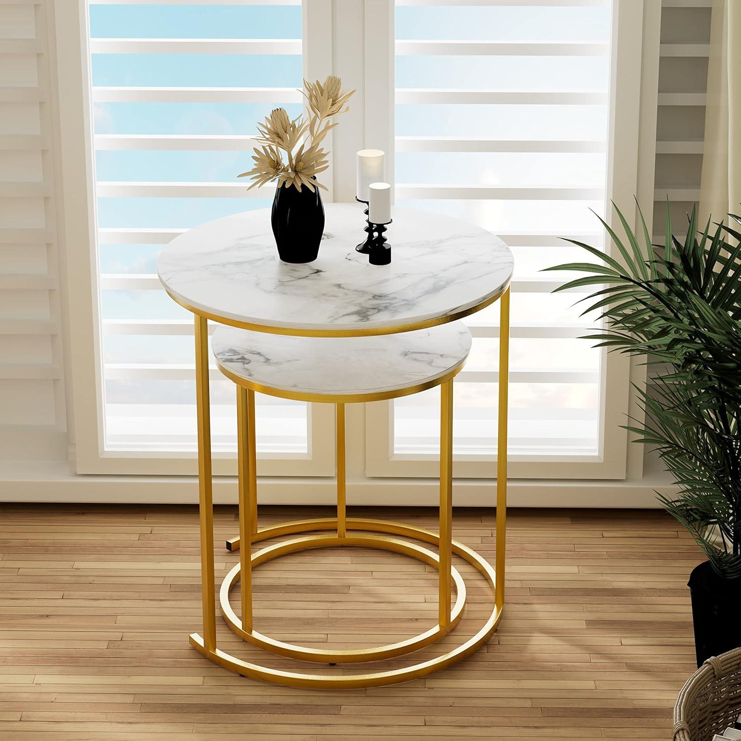 White and Gold Round Marble Nesting Coffee Tables