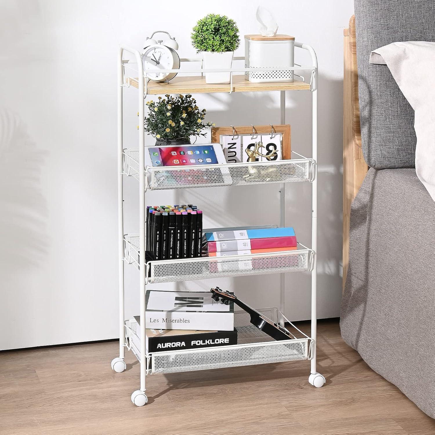 KK KINGRACK 4 Tier Metal Rolling Cart, Storage Cart with Wheels, Utility Cart for Office,School, Organize, White