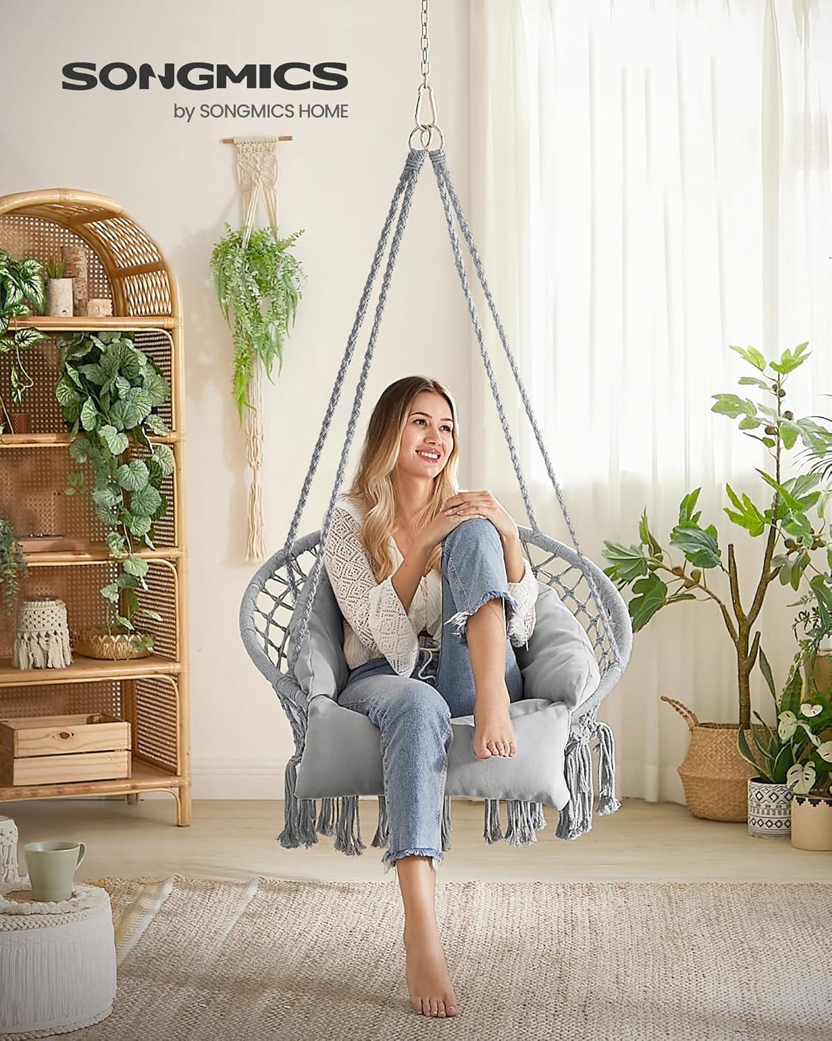 SONGMICS Hanging Chair, Hammock Chair with Large, Thick Cushion, Boho Swing Chair for Bedroom, Patio, Balcony, Garden, Holds up to 264 lb, Accessories Included, Dove Gray UGDC042G11