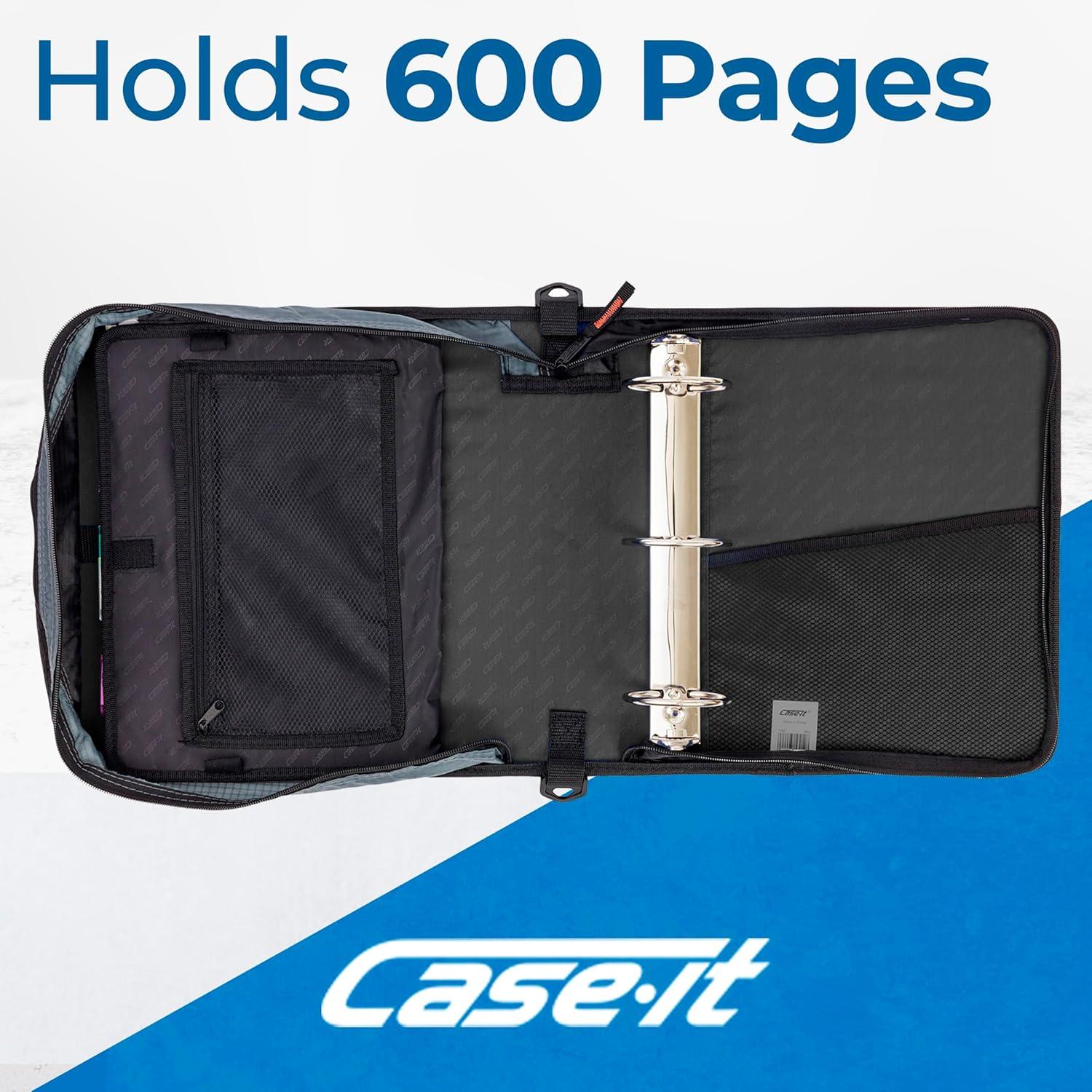 Case-it 3" Nylon Round Ring Zip Binder with Internal/External Pockets Black: Zipper Binder, 575 Sheet Capacity, 8 Pockets