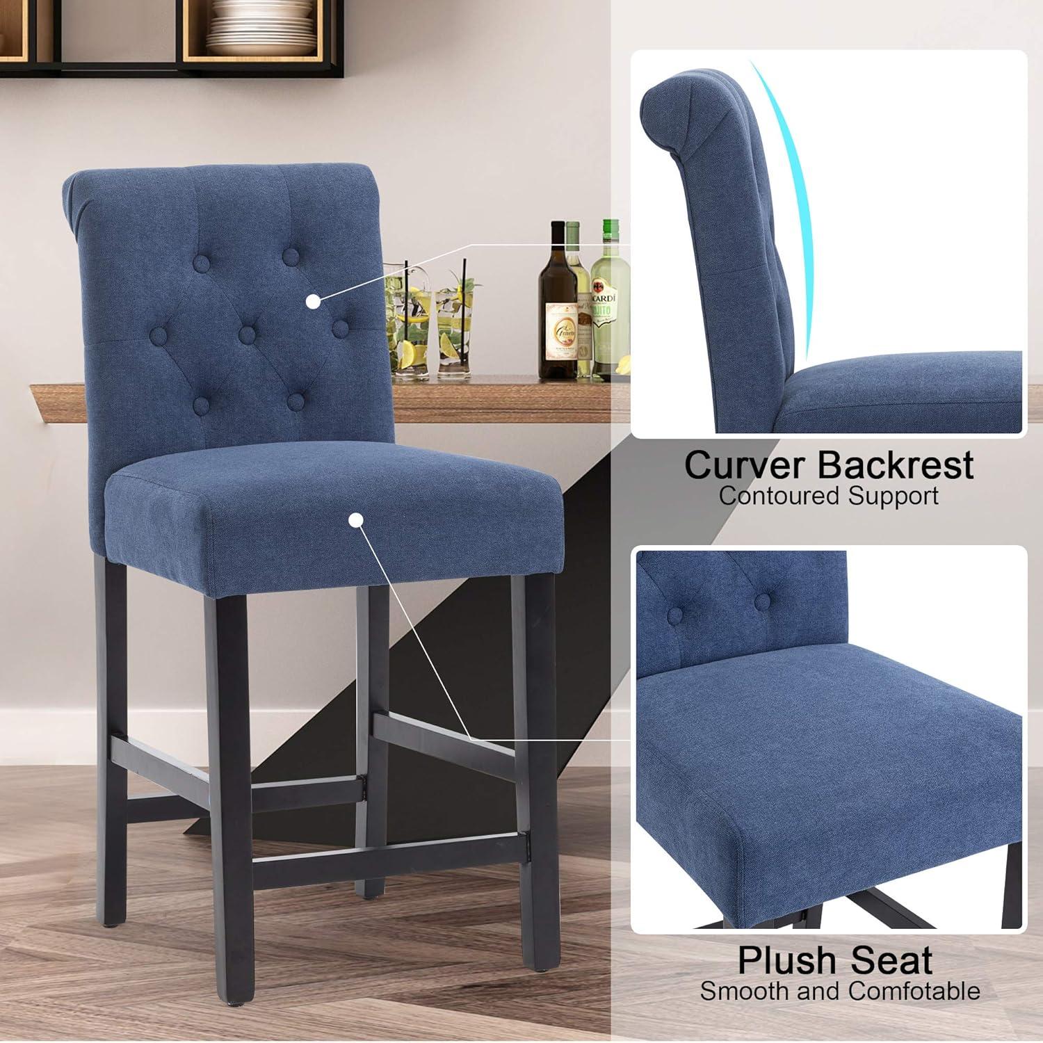 Blue Fabric Upholstered Counter Height Barstool Dining Chairs with Button-Tufted , Set of 2