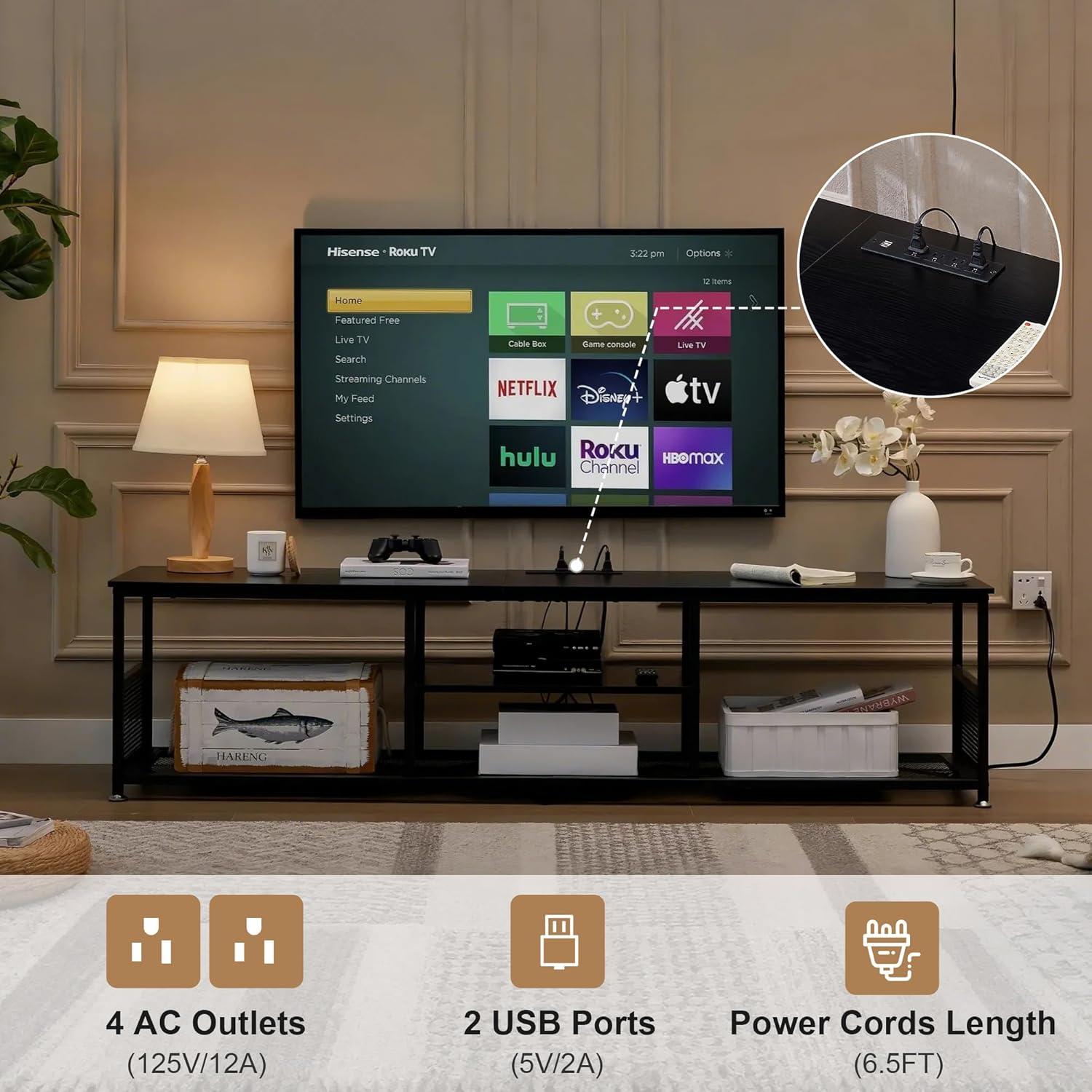 VECELO TV Stand with Power Outlets for Televisions up to 55 Inch, 47" Media Entertainment Center with Charging Station 3-Tier Open Storage Shelves with Metal Frame for Living Room/Bedroom，Black