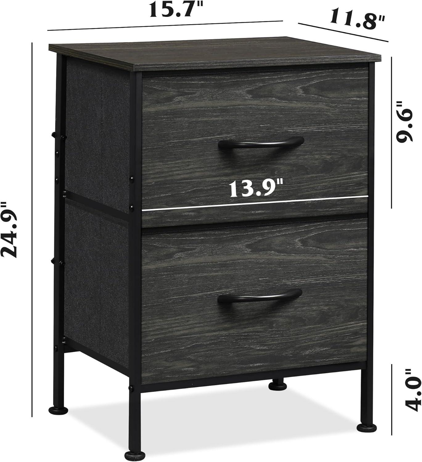 Black Fabric 2-Drawer Nightstand with Steel Frame