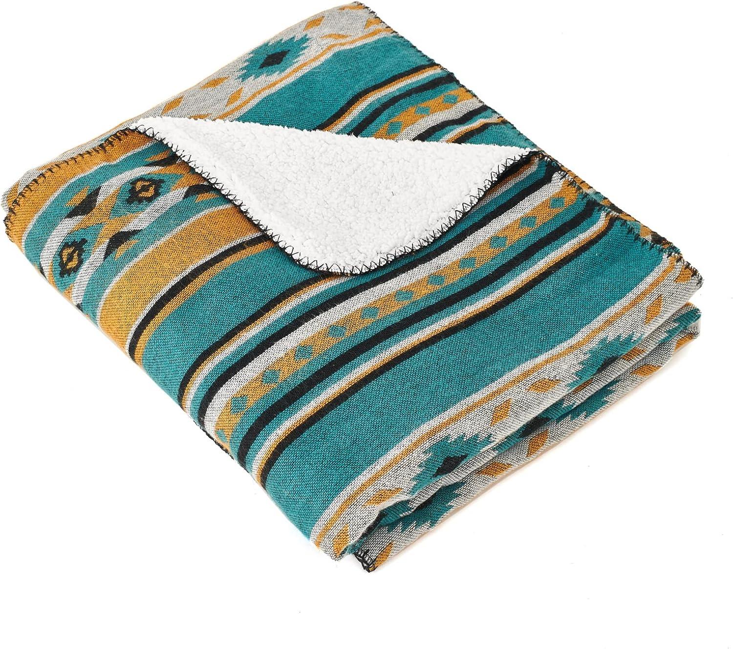 Aztec Patterned Throw Blanket with Soft Sherpa Lining, Traditional Southwestern Navajo Tribal Style Warm Throw for Camping, Outdoor, Light Weight Cozy Boho Blanket for Couch, Sofa, Bed, 50”x60”, Teal