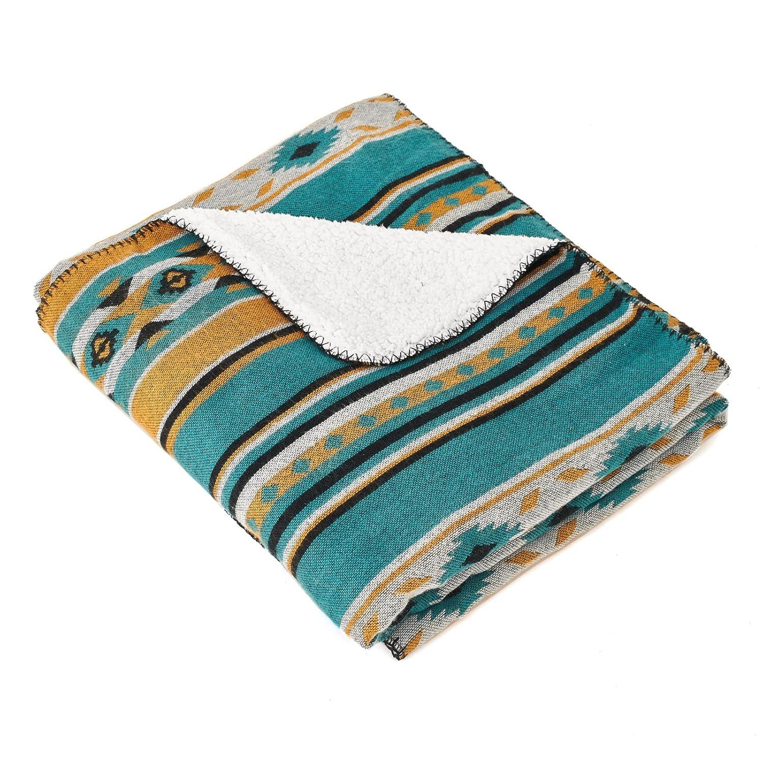 Aztec Patterned Throw Blanket with Soft Sherpa Lining, Traditional Southwestern Navajo Tribal Style Warm Throw for Camping, Outdoor, Light Weight Cozy Boho Blanket for Couch, Sofa, Bed, 50”x60”, Teal