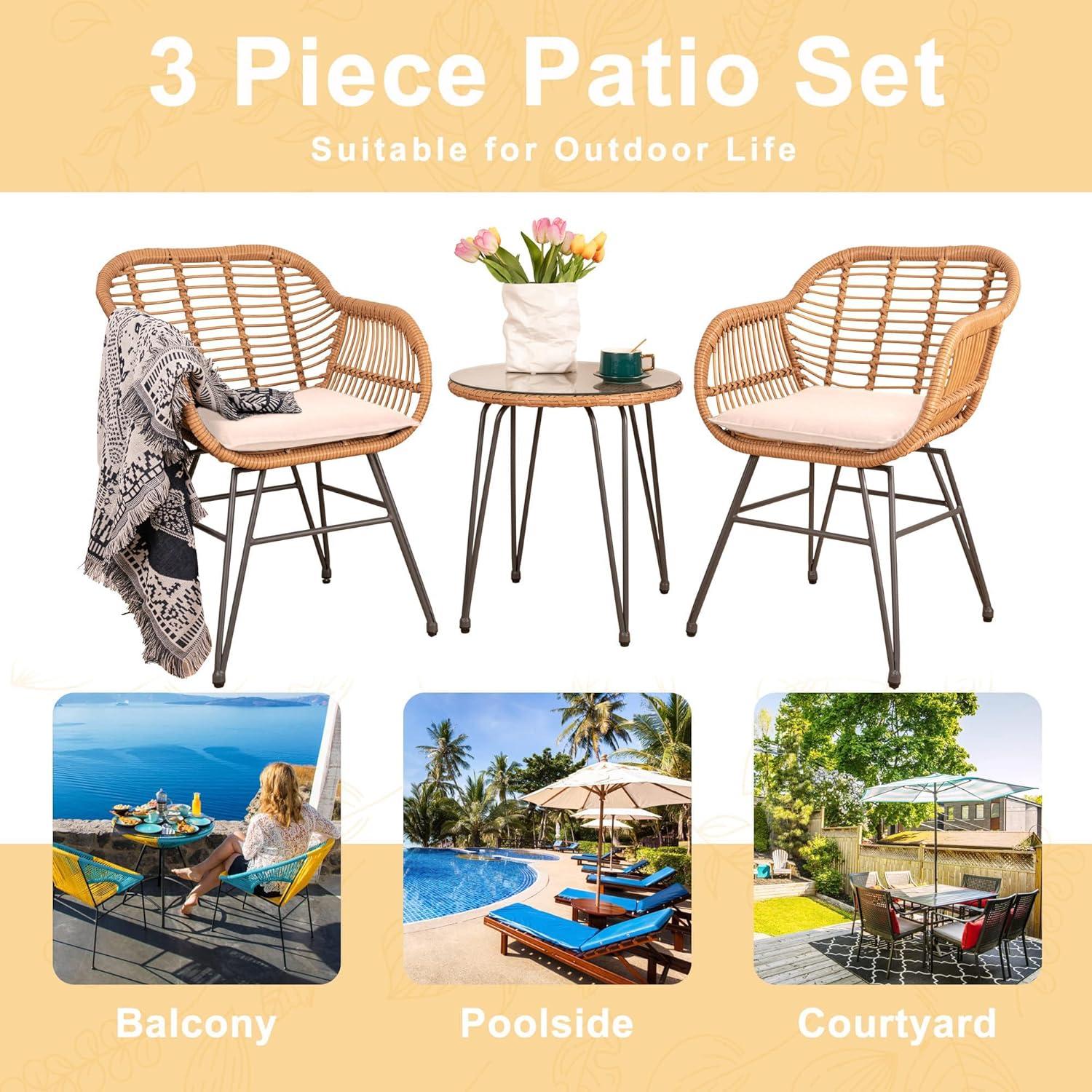 Tappio 3 Piece Outdoor Wicker Furniture Patio Bistro Set, PE Rattan Patio Chairs Set w/Table & Cushions, Modern Outdoor Patio Furniture for Porch Poolside Garden, Beige