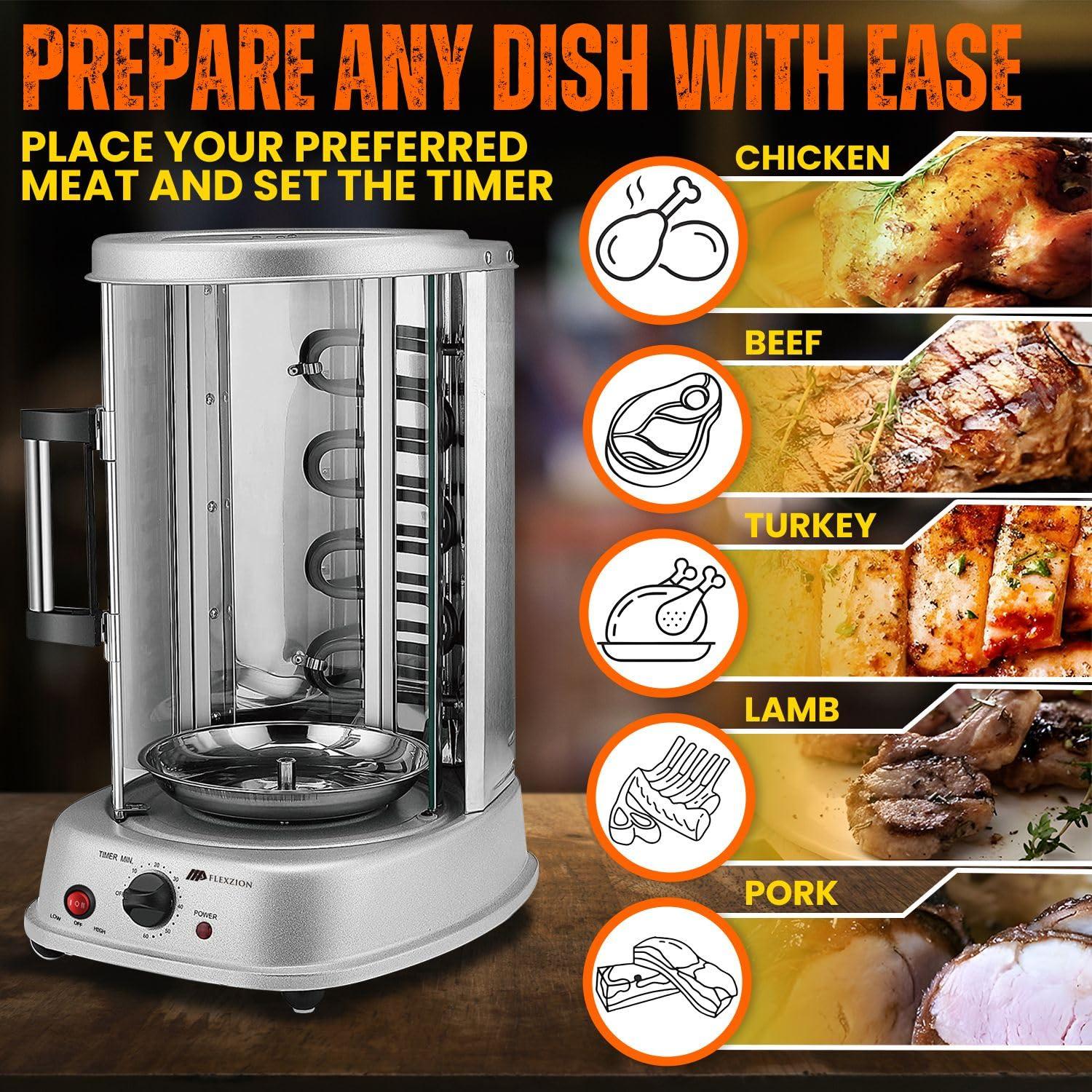 Vertical Tower Rotating Rotisserie Oven Grill - Shawarma Kebab Electric Cooker Machine Countertop w/ Stainless Doner Kebab Skewers & Rack Accessories Stain Resistant 5 in 1 for Professional & Home Use