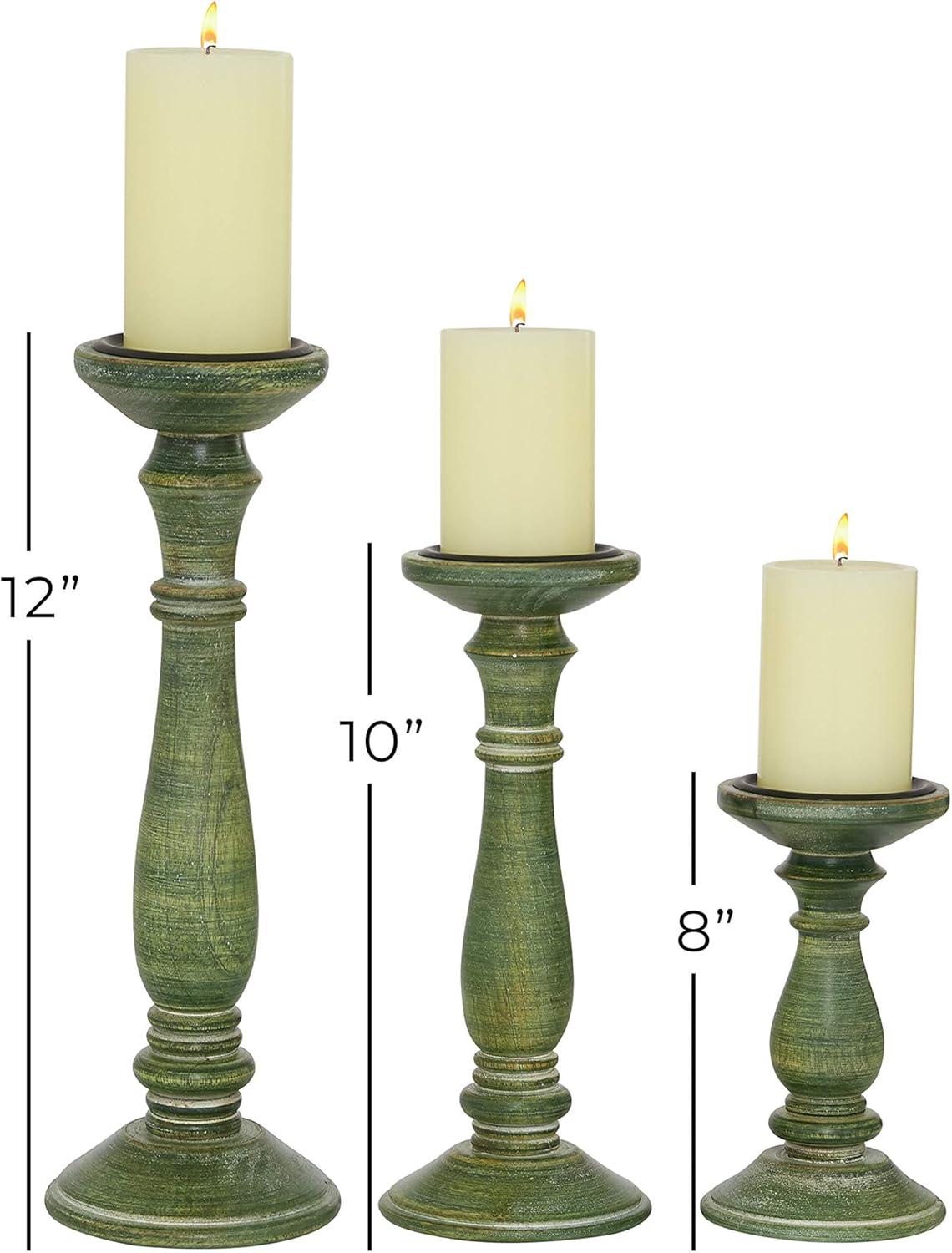 DecMode 3 Candle Green Wood Candle Holder, Set of 3