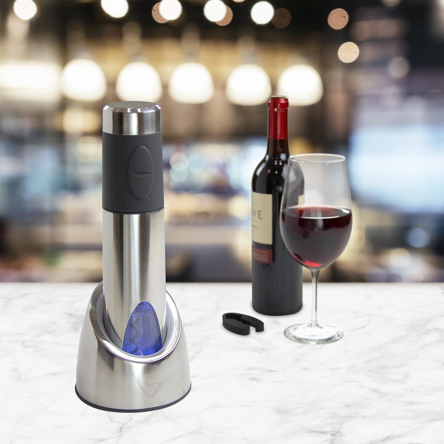 Electric Rechargeable Silver Wine Opener with Charging Base and Foil Cutter