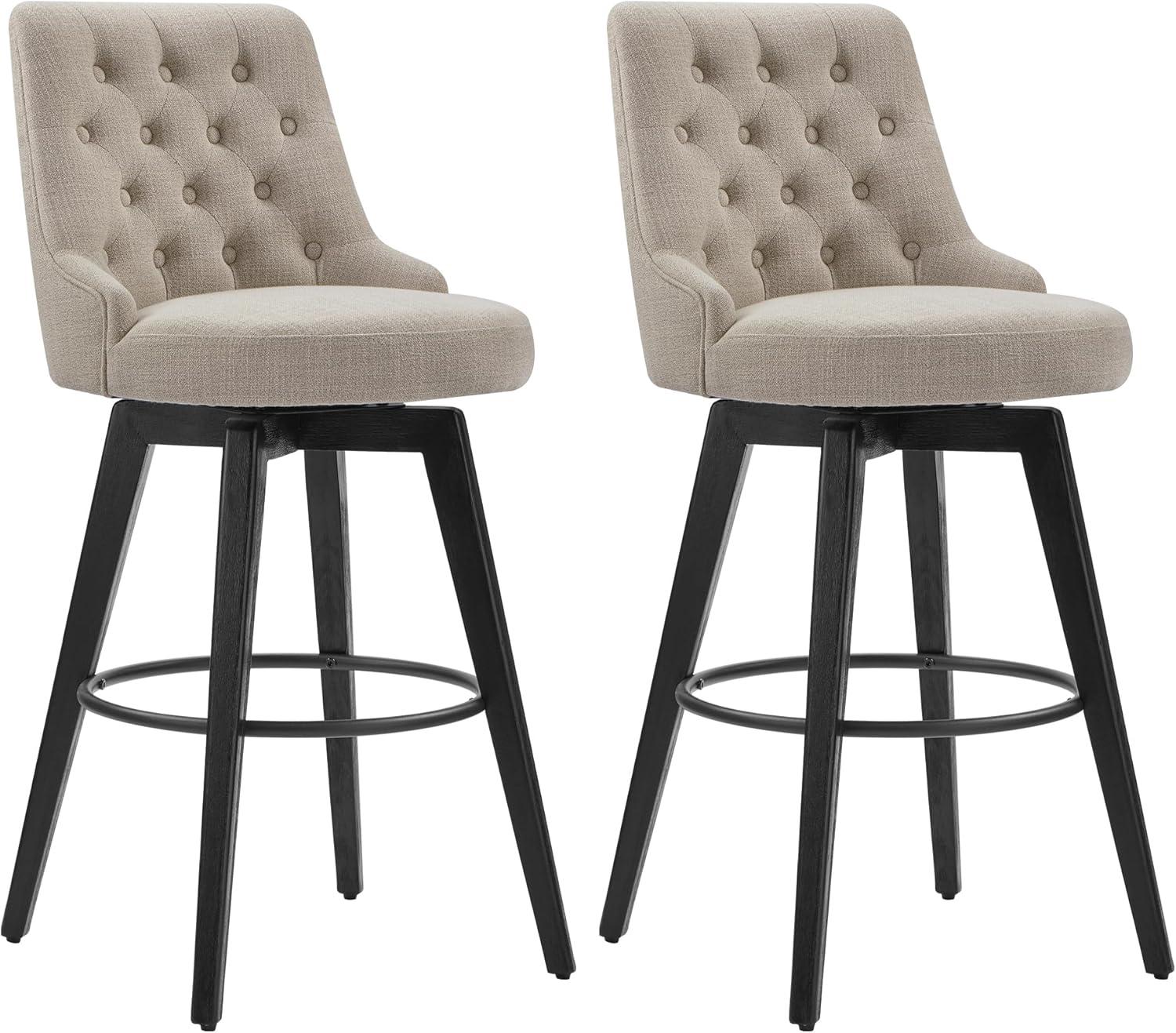 Tan Upholstered Swivel Bar Stools with Black Metal Frame, Set of 2