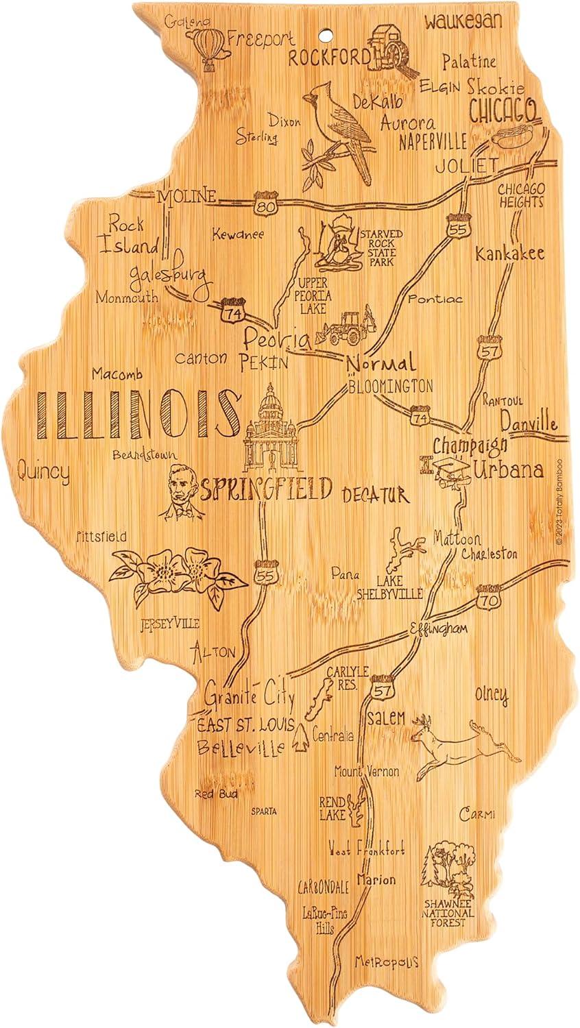 Totally Bamboo Destination Illinois Serving and Cutting Board: State Design, Lightweight Bamboo, 16.5" x 9.25"
