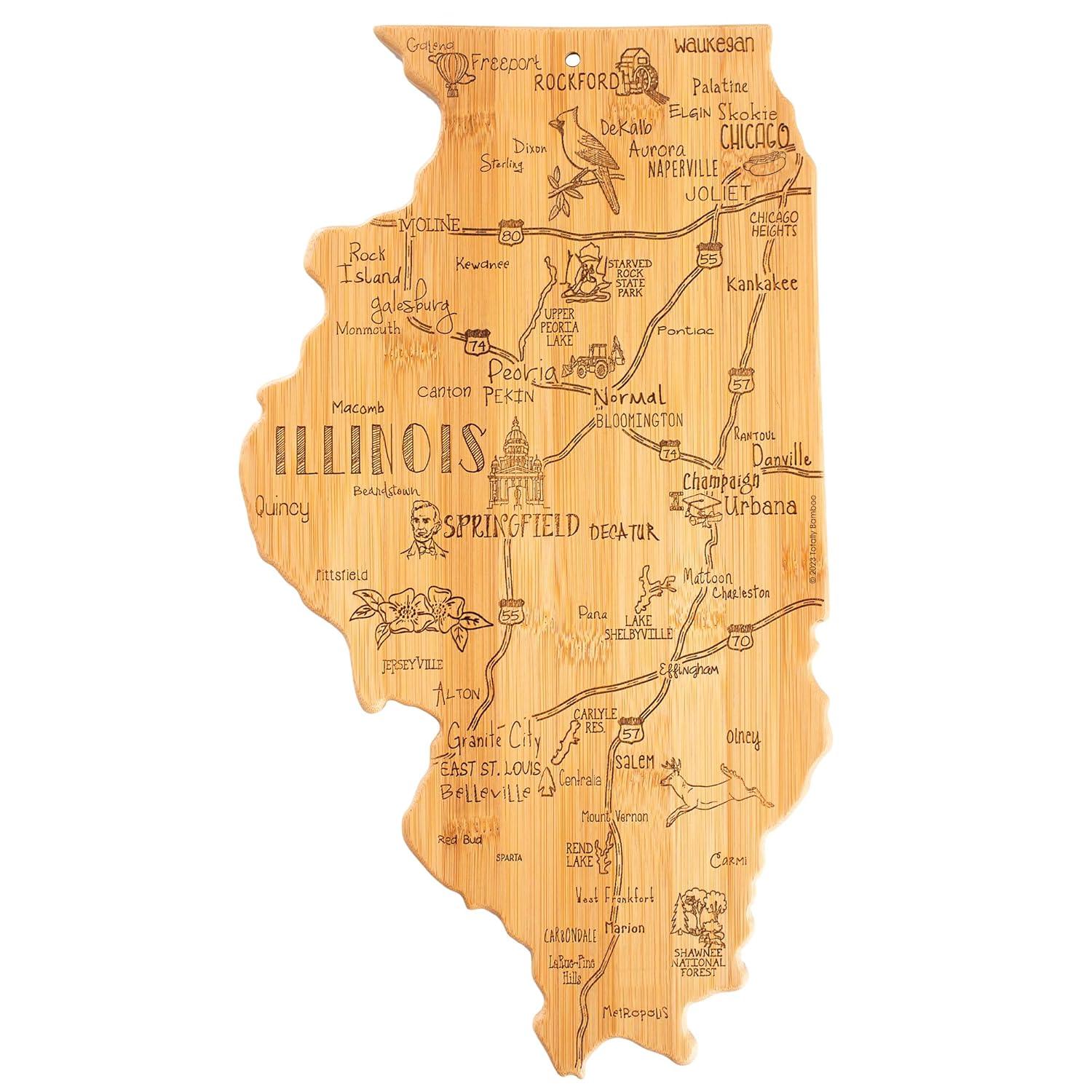 Totally Bamboo Destination Illinois Serving and Cutting Board: State Design, Lightweight Bamboo, 16.5" x 9.25"