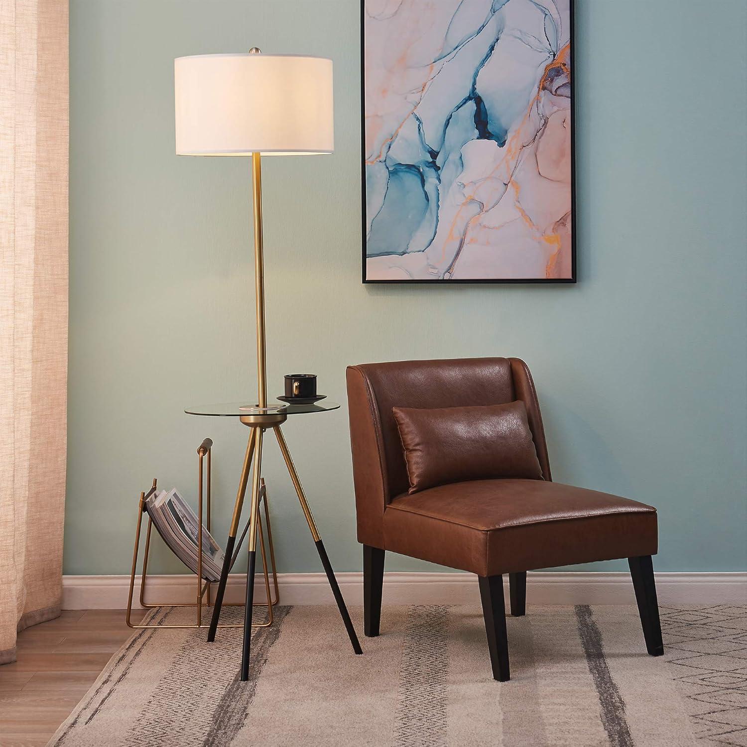 Teamson Home Myra Floor Lamp with Glass Table and Built-In USB Port, Gold/Black